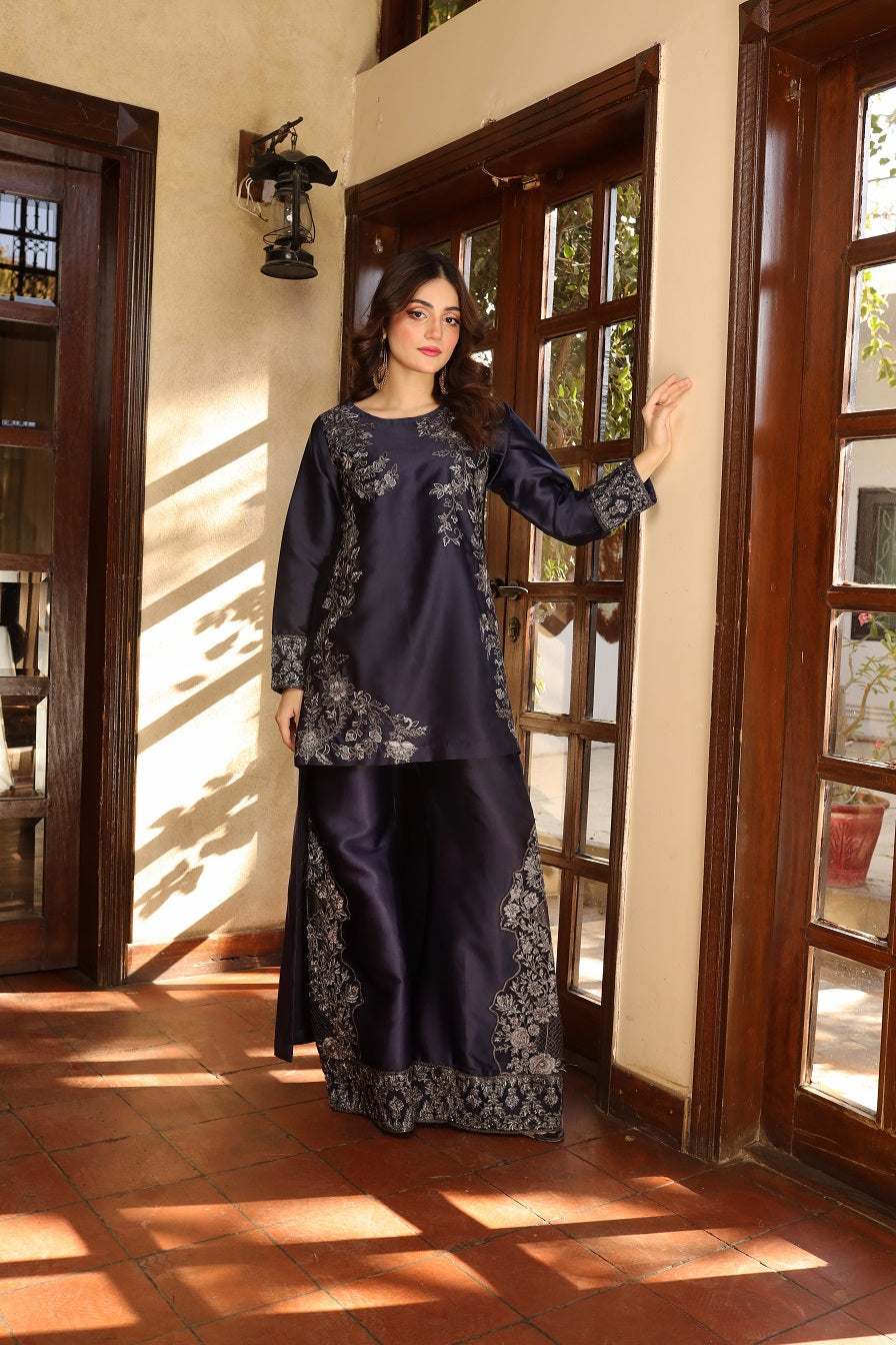 NF-5881 Navy Blue Silk Stitched 2pc Suit