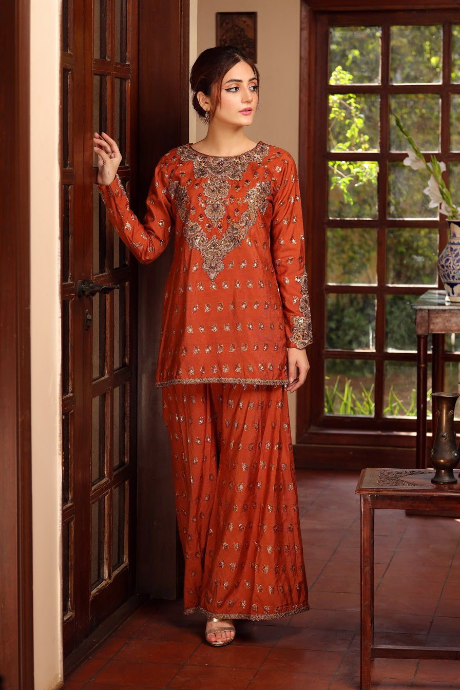 NF-5694 Rust Jacquard 2pc Stitched Suit
