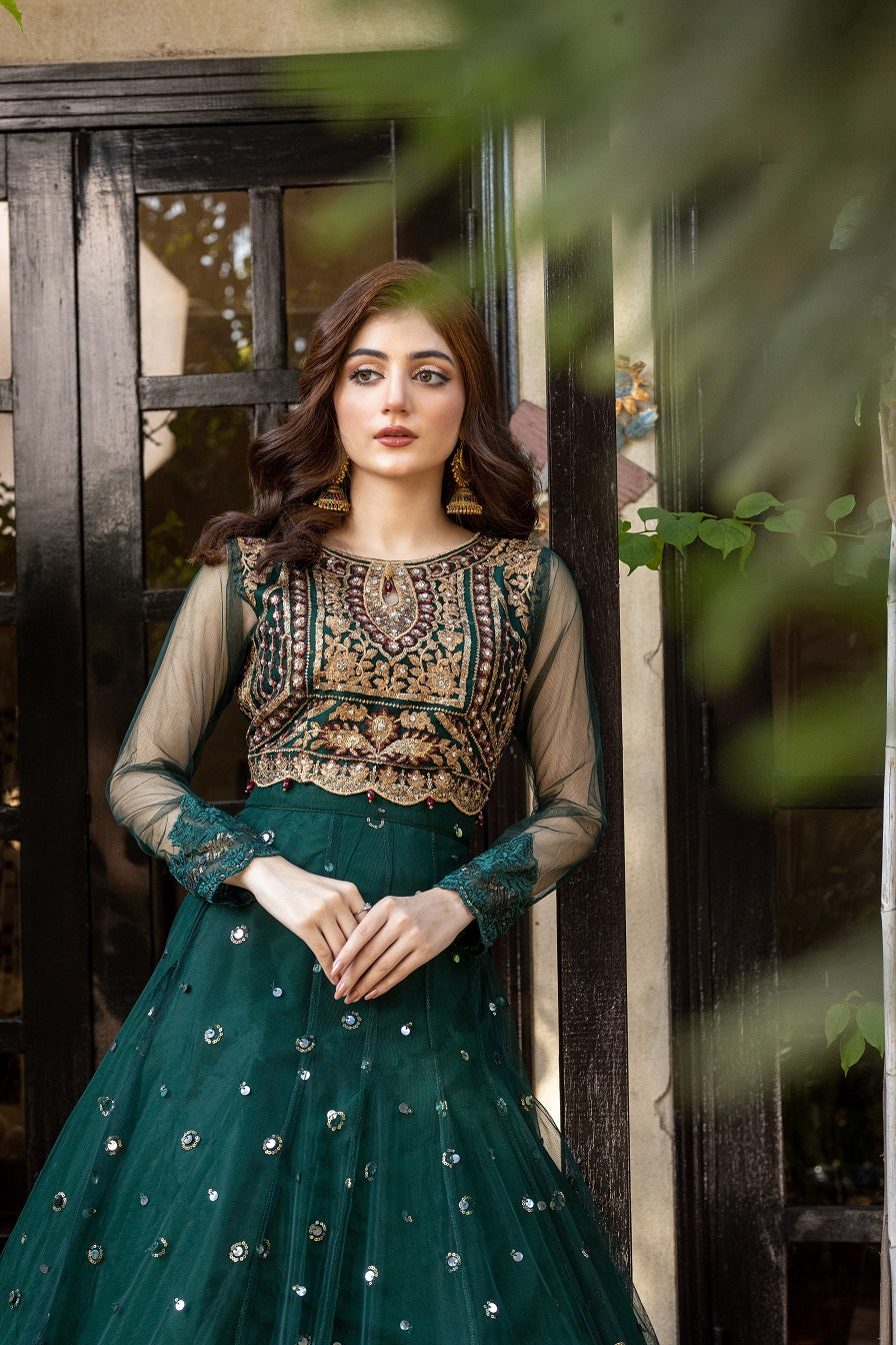 NF-5635  Green Net Lahanga Choli Stitched Dress