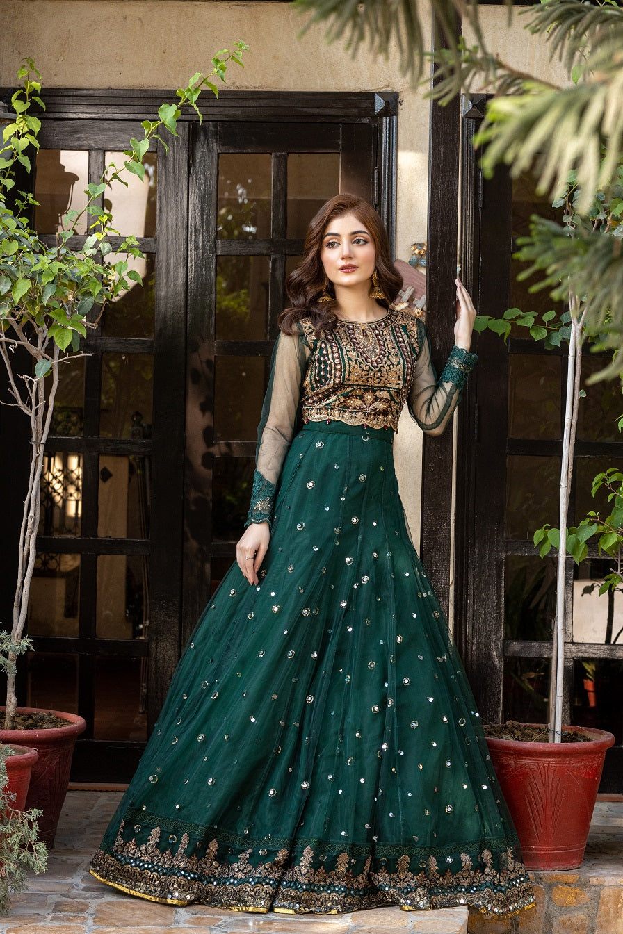 NF-5635  Green Net Lahanga Choli Stitched Dress