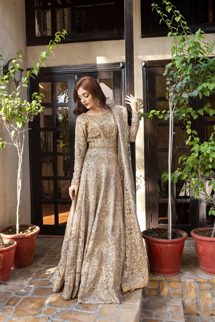 NB-5364 Golden Lehnga Choli Stitched 3pc Dress