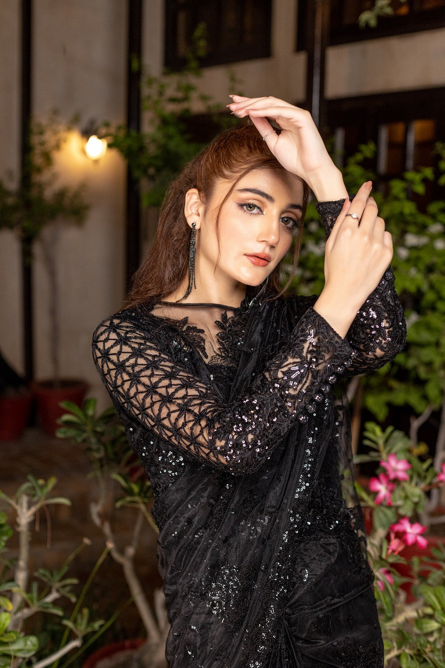 NB-5259 Black Net Saree Stitched
