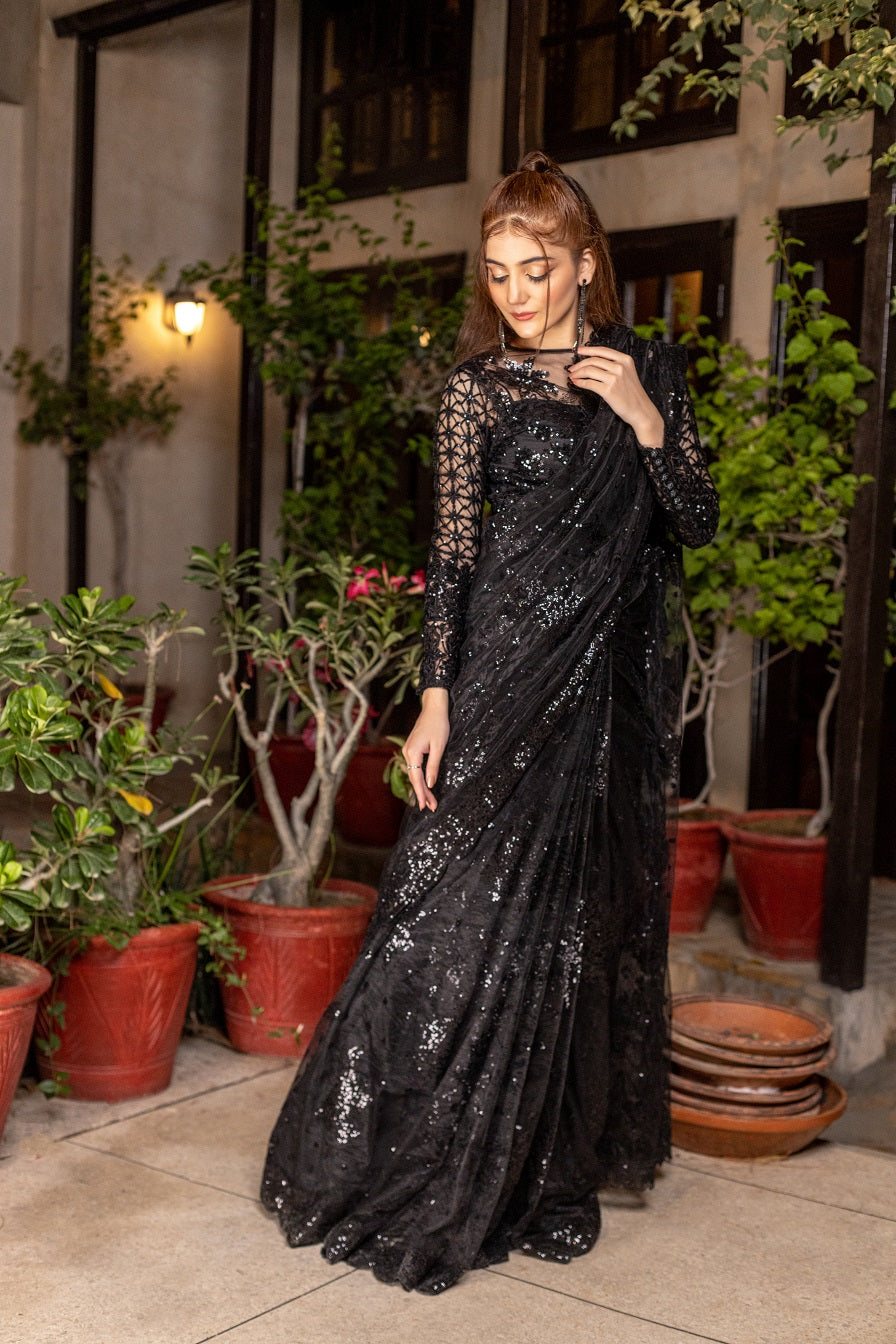 NB-5259 Black Net Saree Stitched