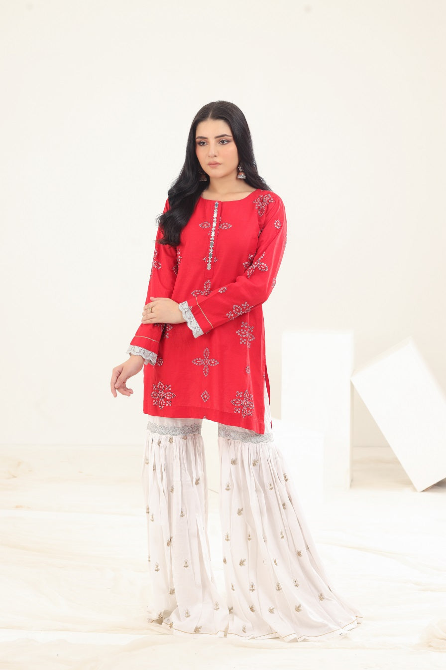 NF-5614 Red & White Gharara Stitched 2pc Suit