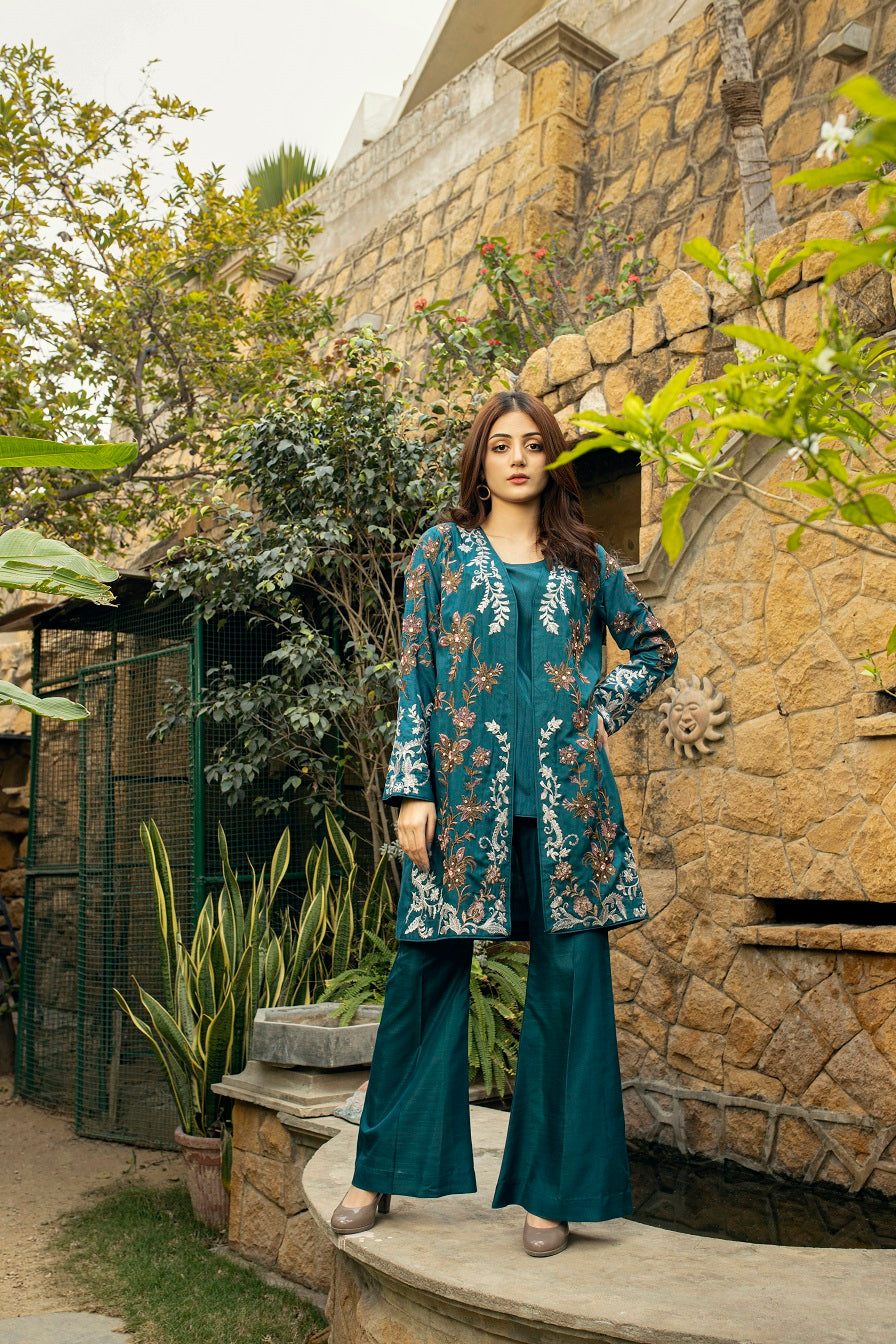 NF-5412 Teal Silk 2pc Stitched Suit