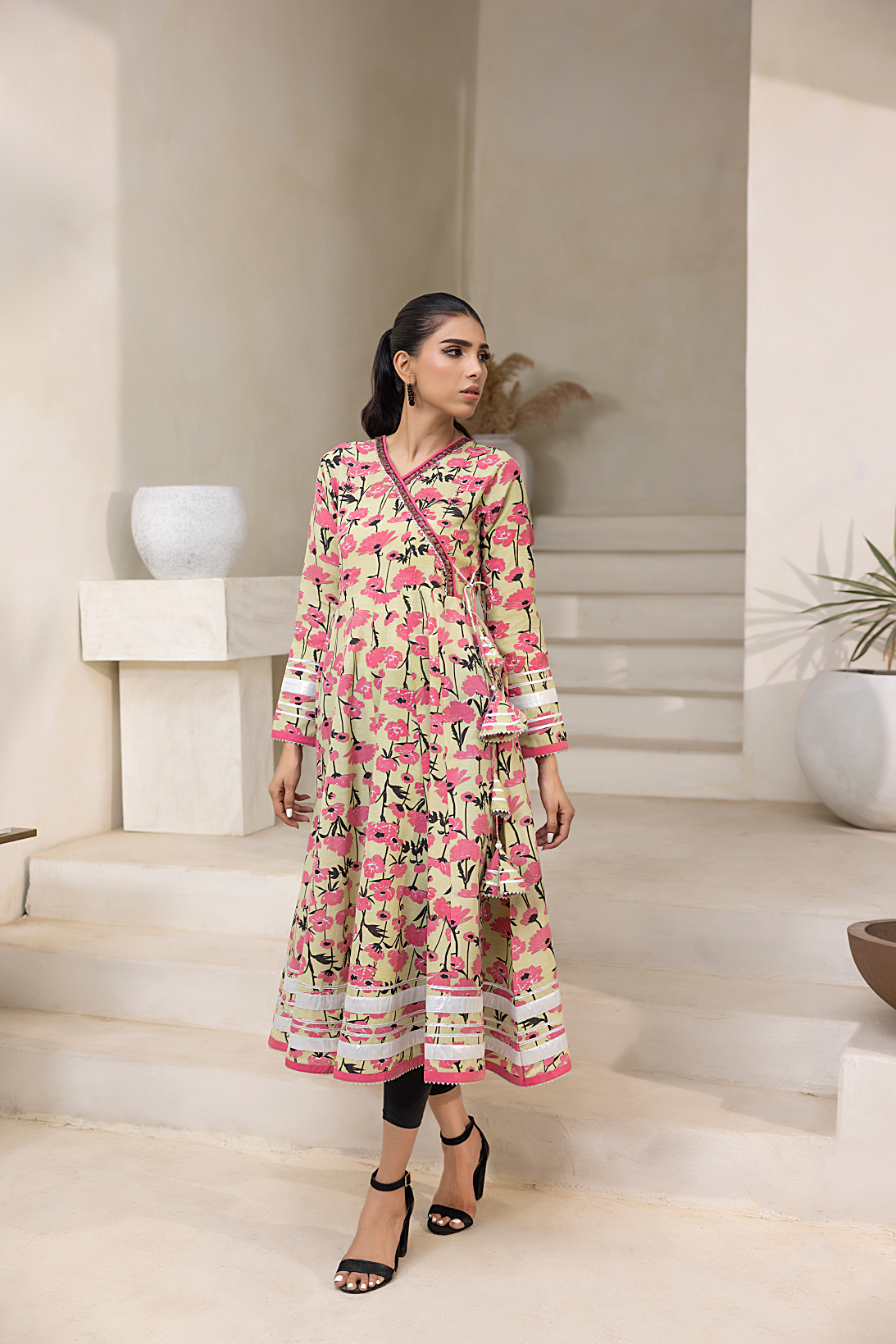 NF-6253 Pista Pink Flower Printed Stitched Frock
