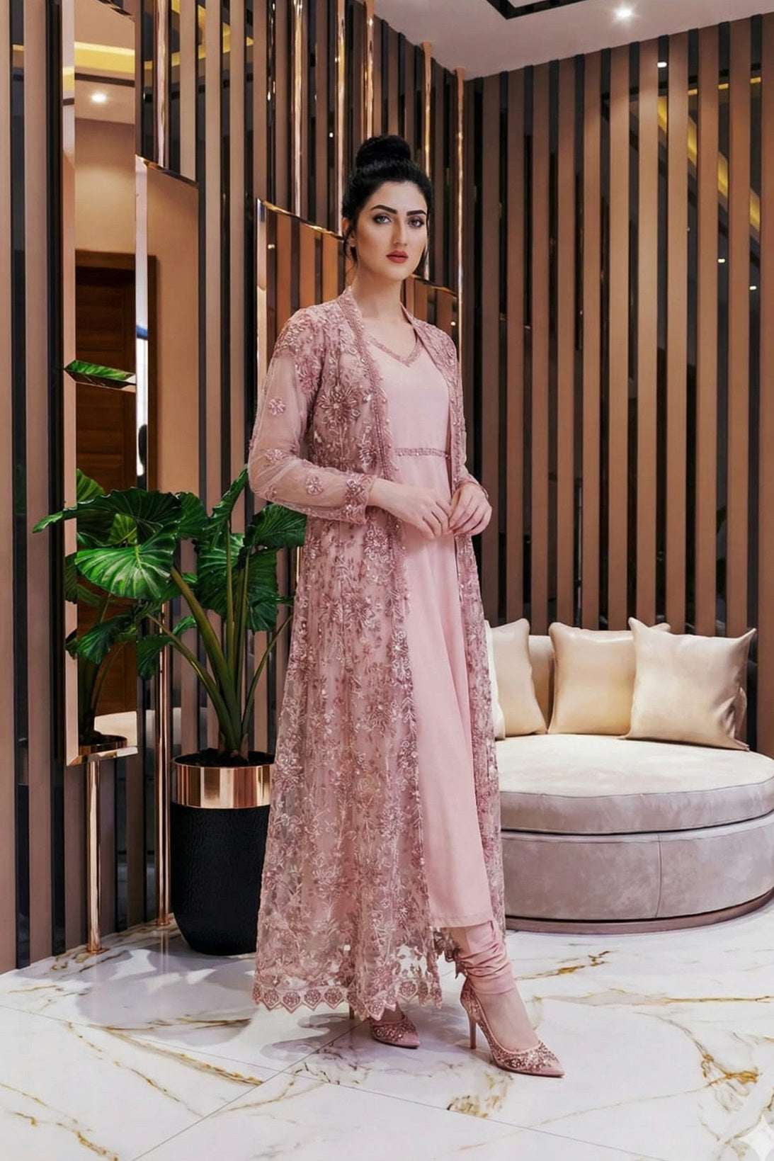 NF-5978 Baby Pink Net Stitched Coat with Inner