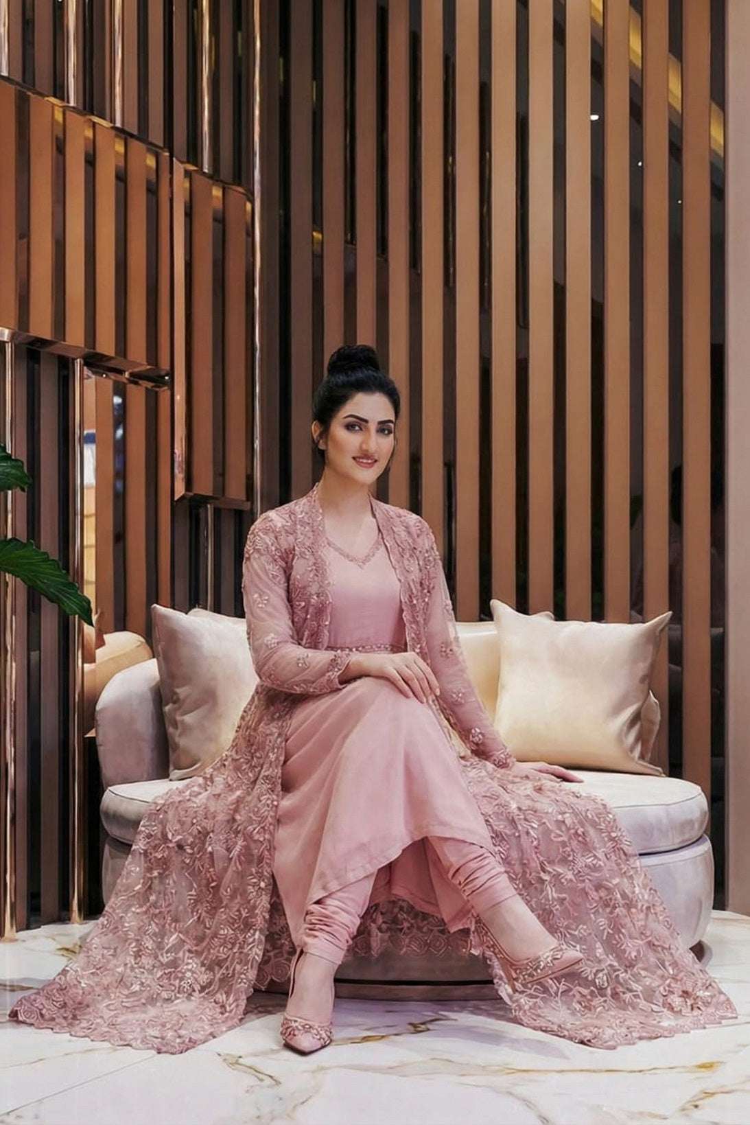 NF-5978 Baby Pink Net Stitched Coat with Inner