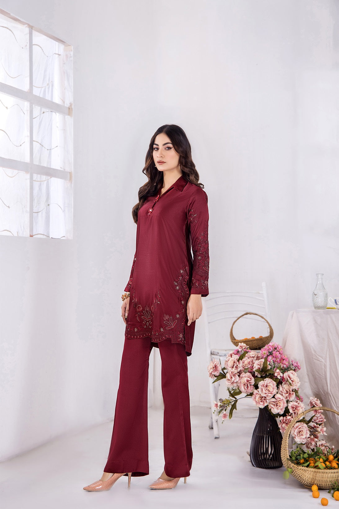 NF-5416 Maroon Dull Silk 2pc Stitched Suit