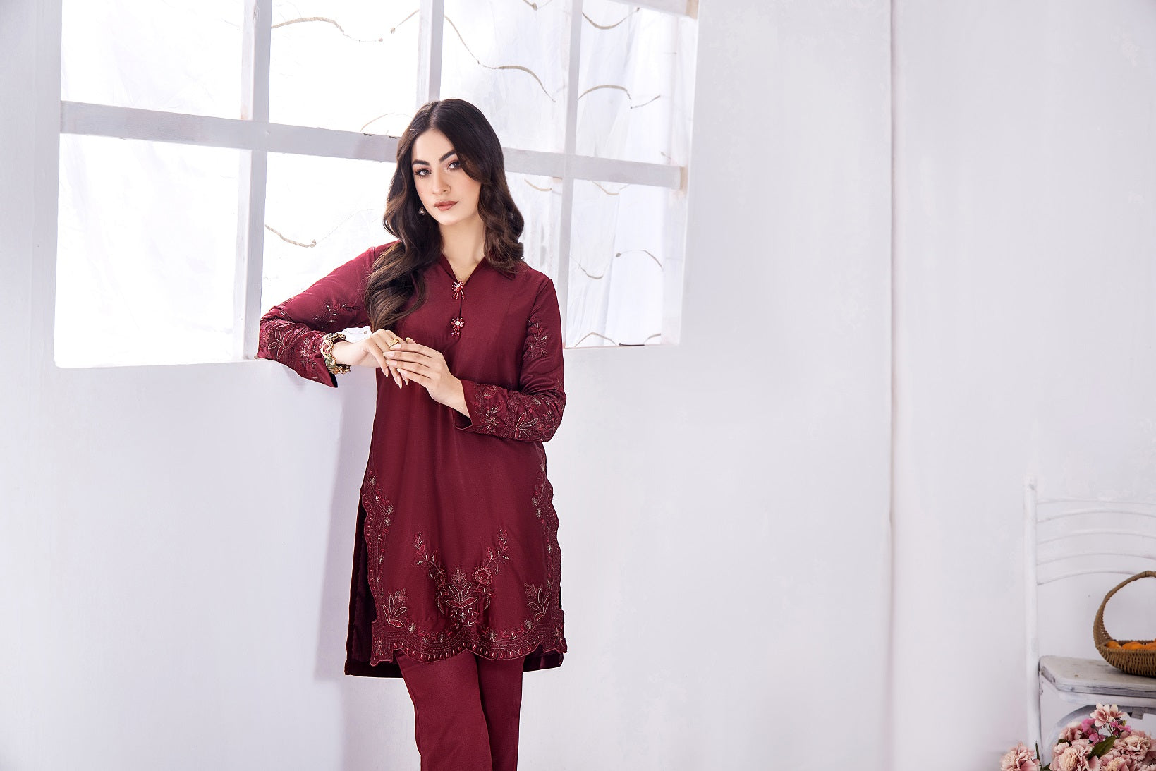 NF-5416 Maroon Dull Silk 2pc Stitched Suit