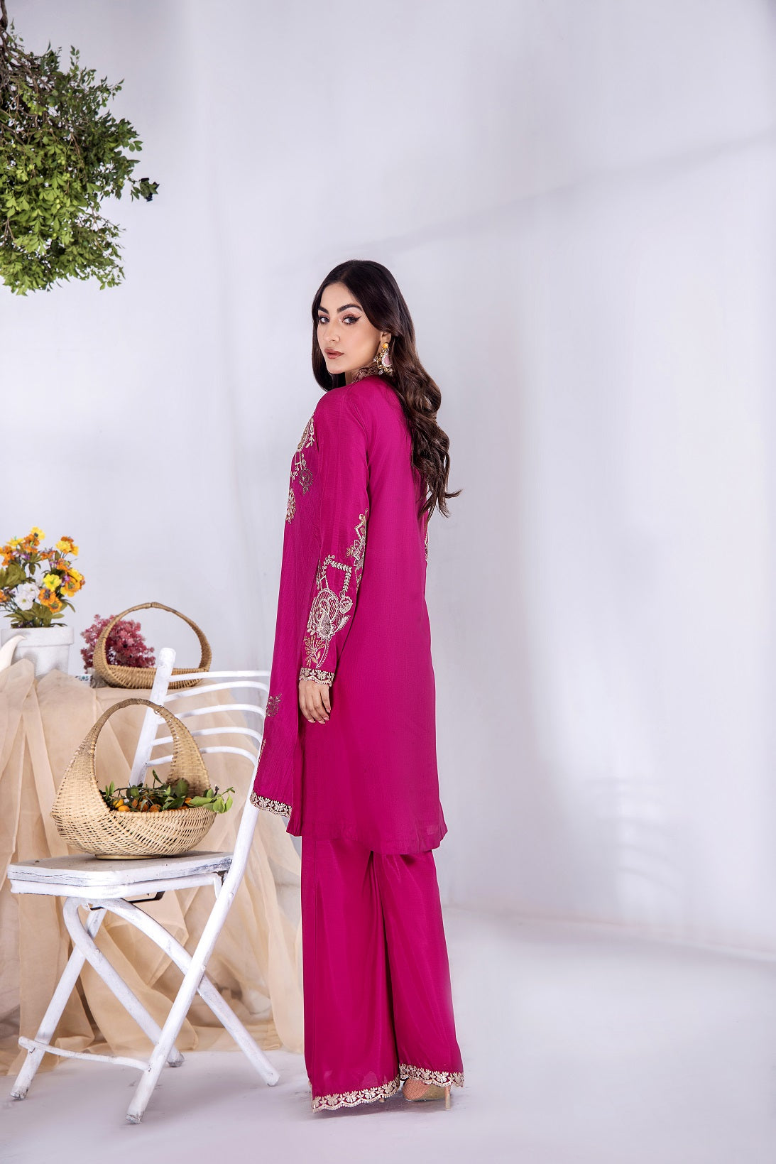 NF-5673 Shocking Pink Silk 2pc Stitched Suit