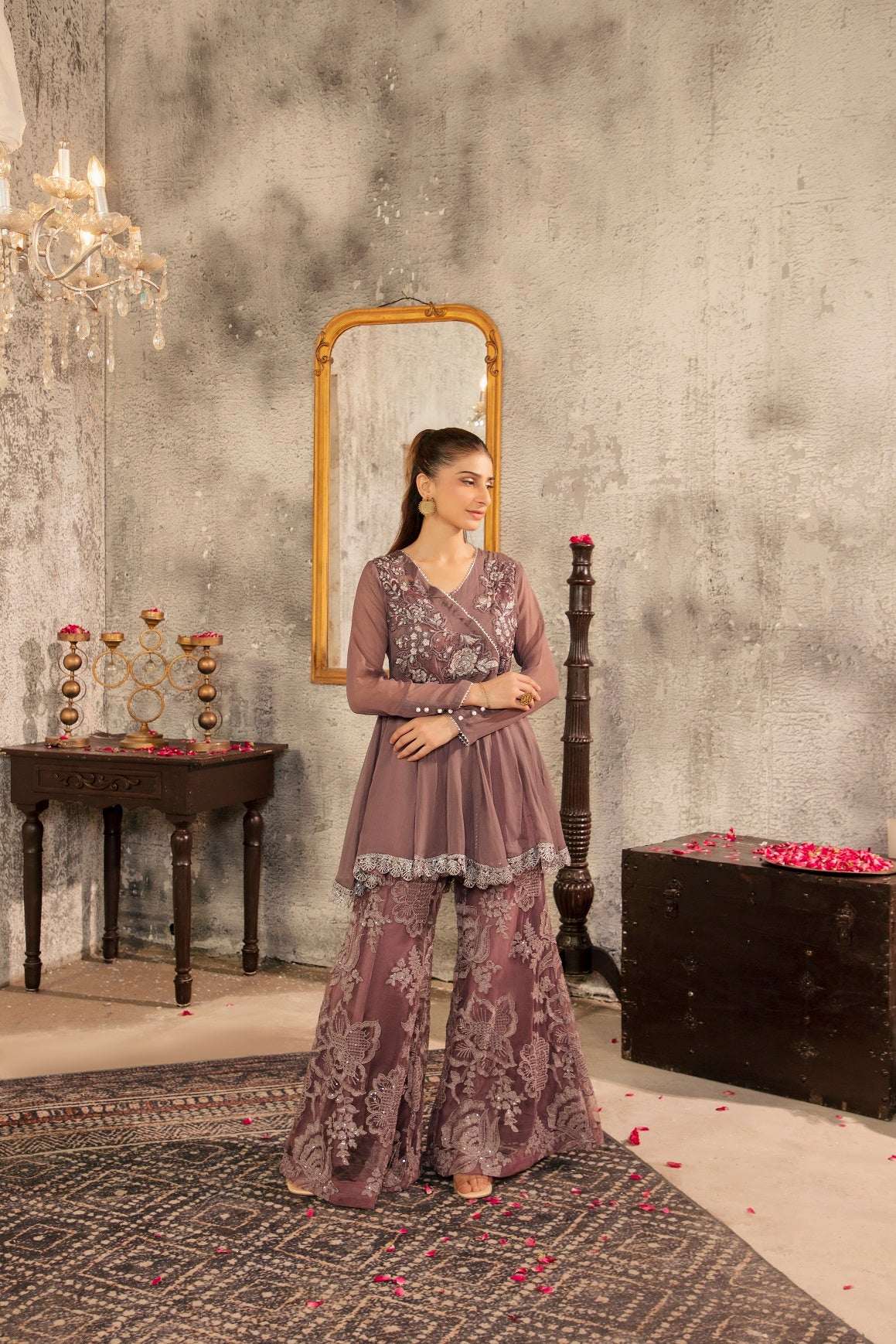 NF-6531 Grey Chiffon / Net Stitched 2Pcs Suit