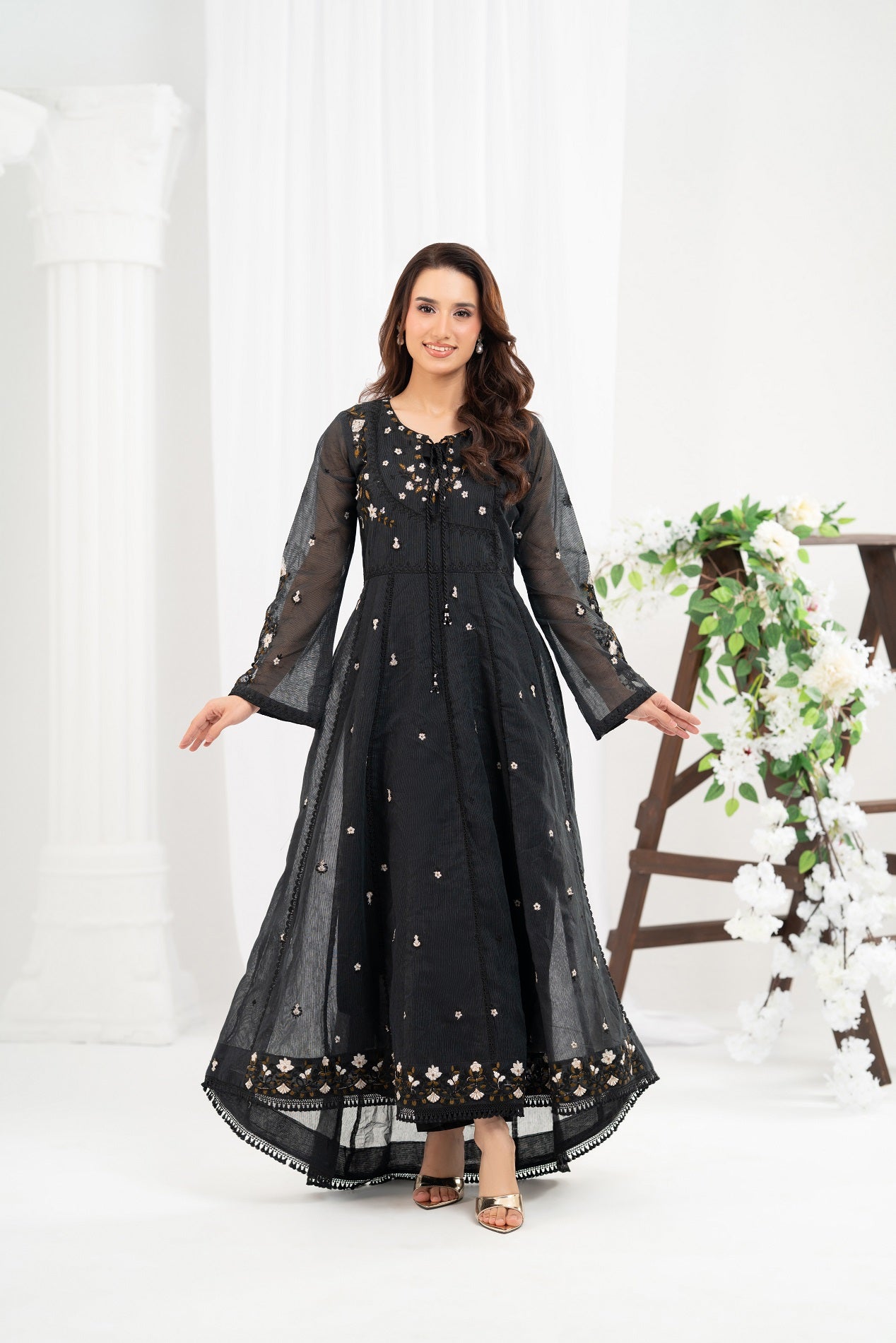 NF-6475 Black Cotton Net Stitched Frock