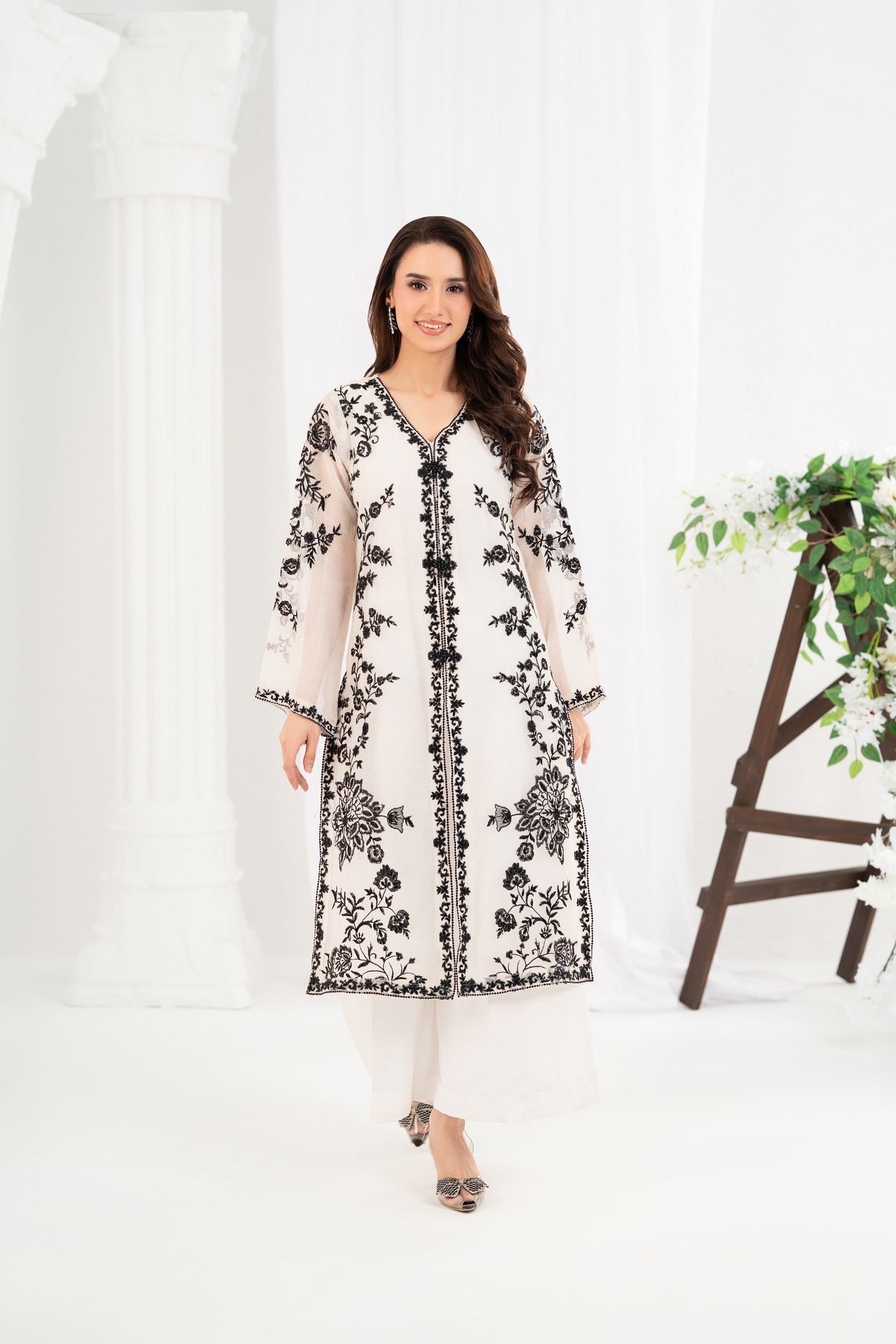 NF-6739 White Cotton Net Stitched 2PC Suit