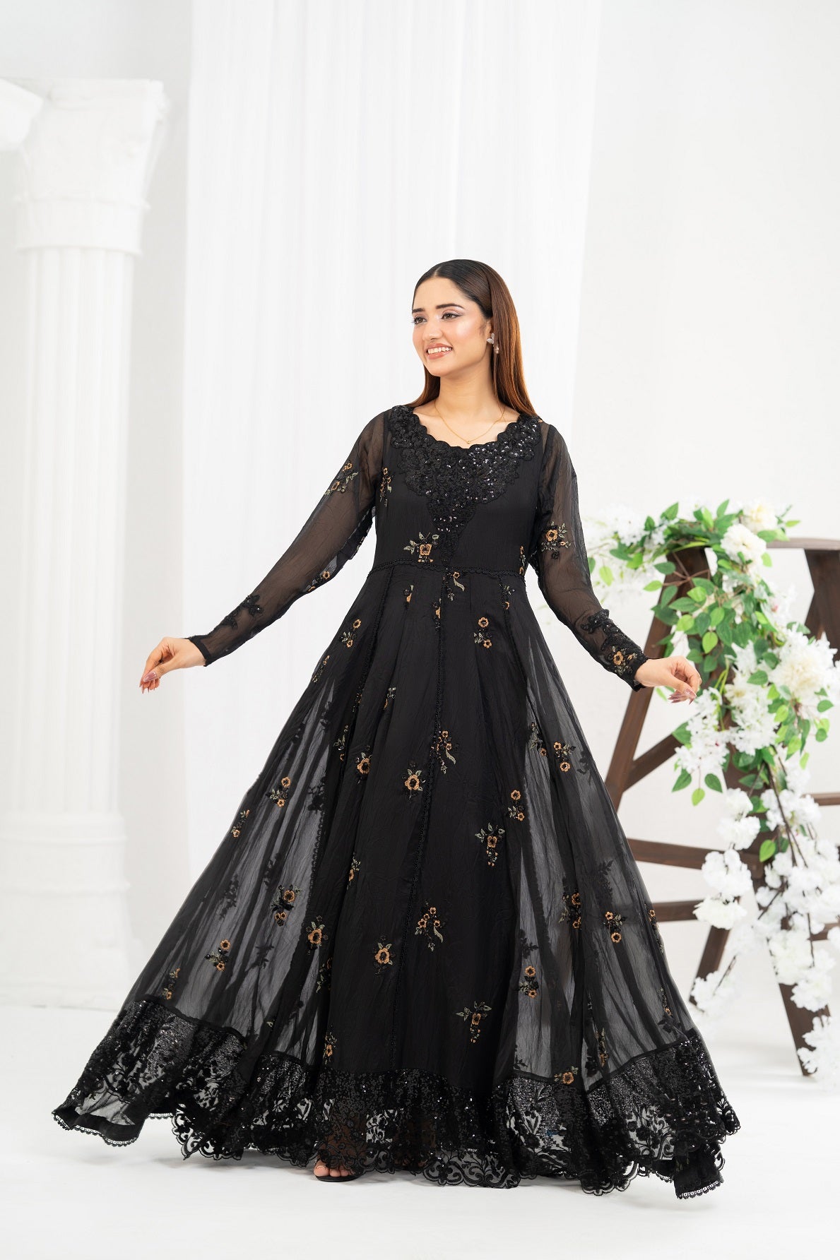 NF-6663 Black Chiffon Stitched Frock