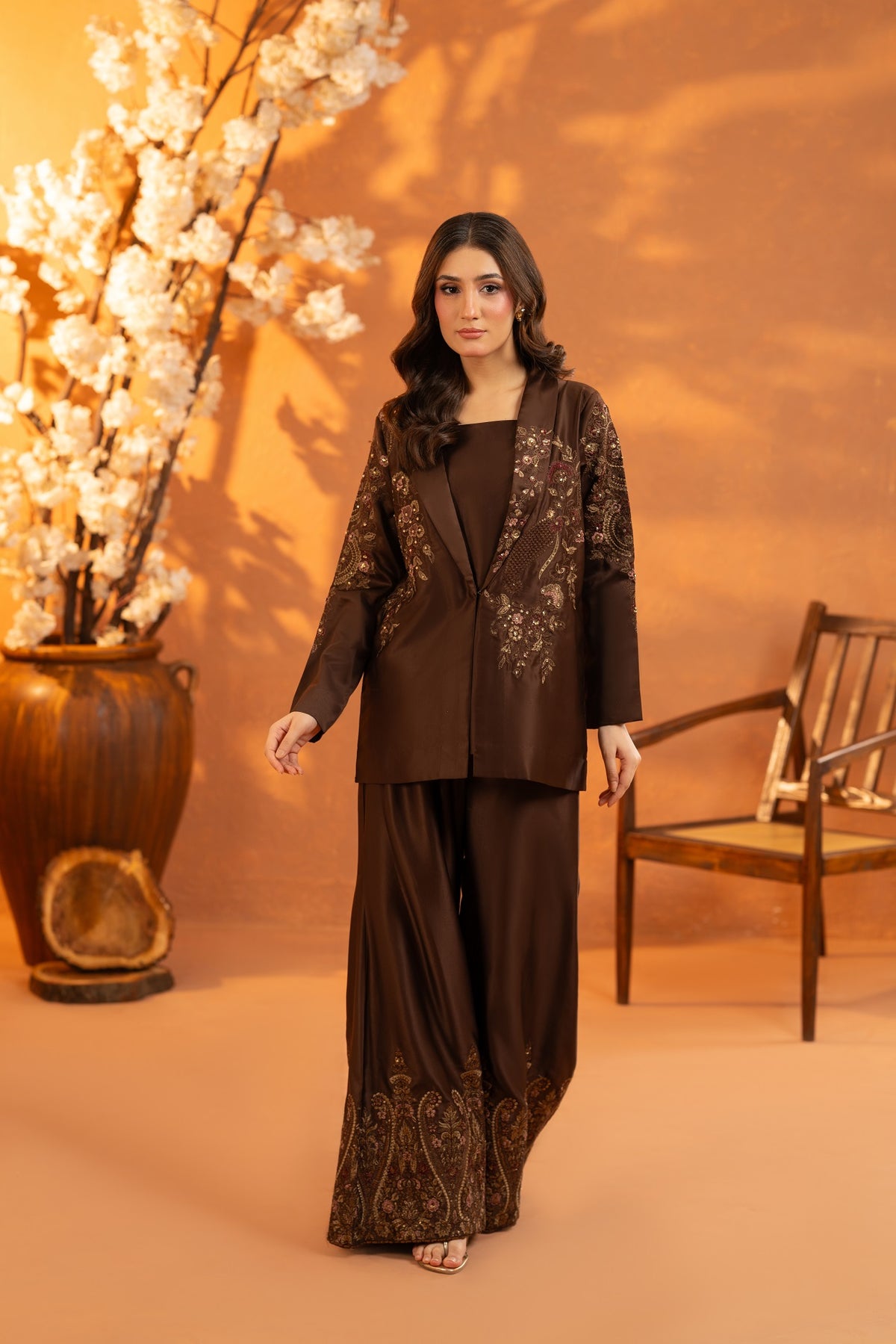 NF-6864 Brown SIlk Stitched 2PC Suit
