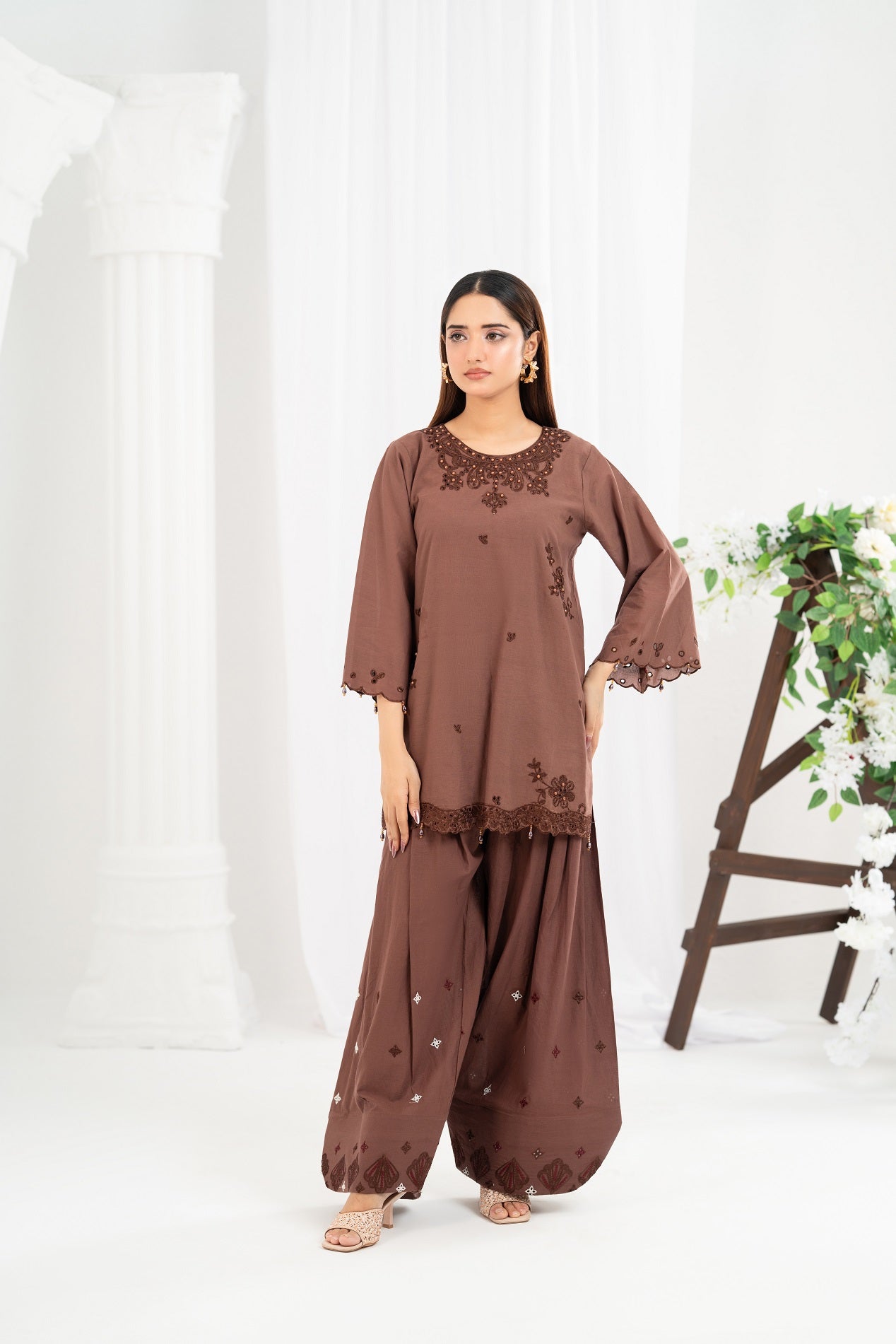 NF-6495 Brown Cotton Stitched 2PC
