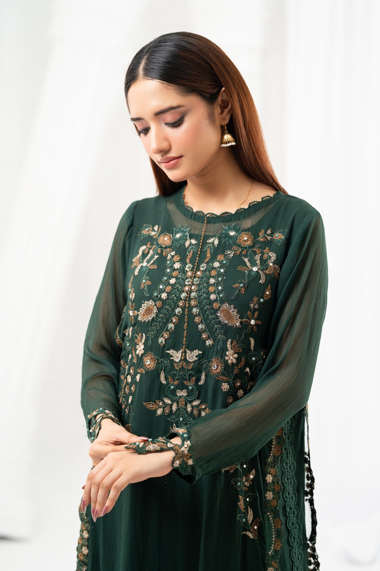 NF-6834 Bottle Green Chiffon Stitched 2PC