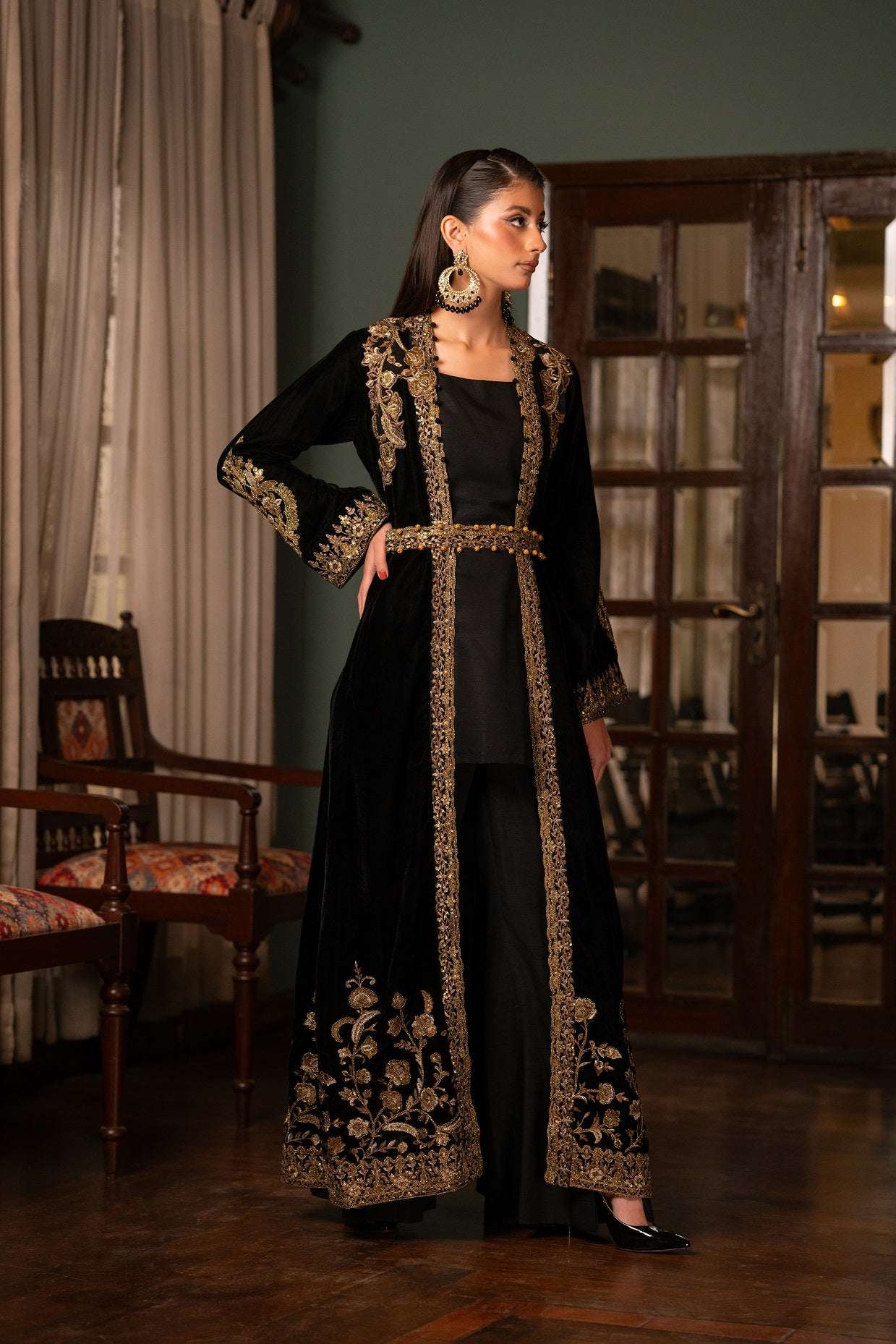 NF-6366 Black Valvet Stitched Coat