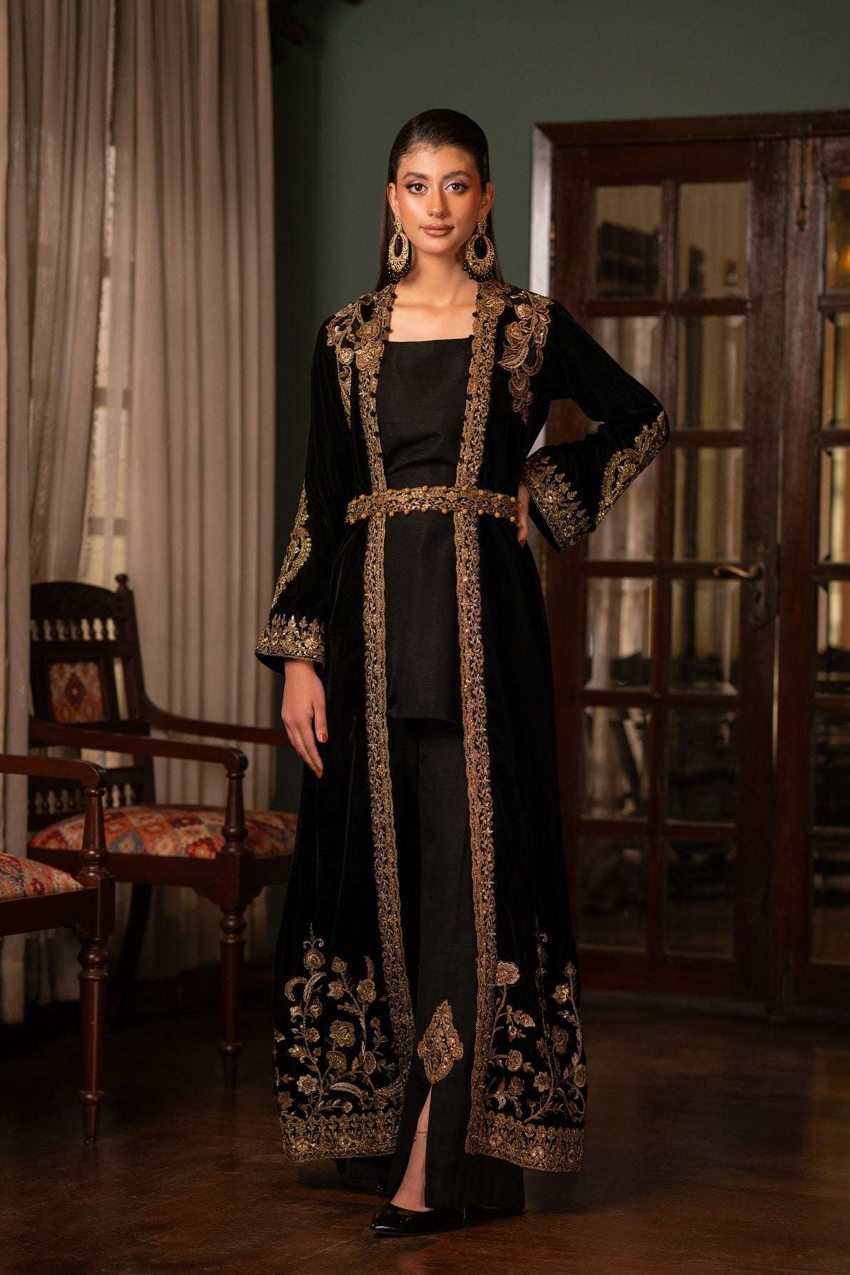 NF-6366 Black Valvet Stitched Coat