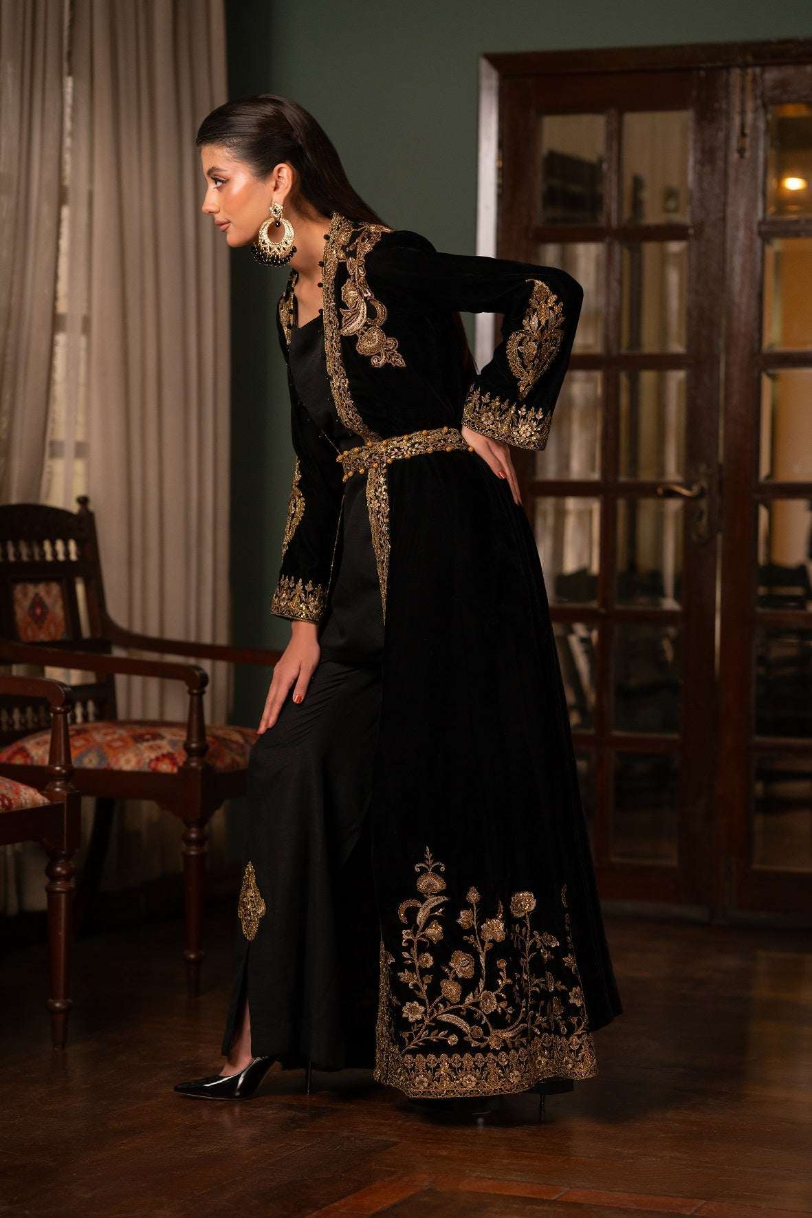 NF-6366 Black Valvet Stitched Coat
