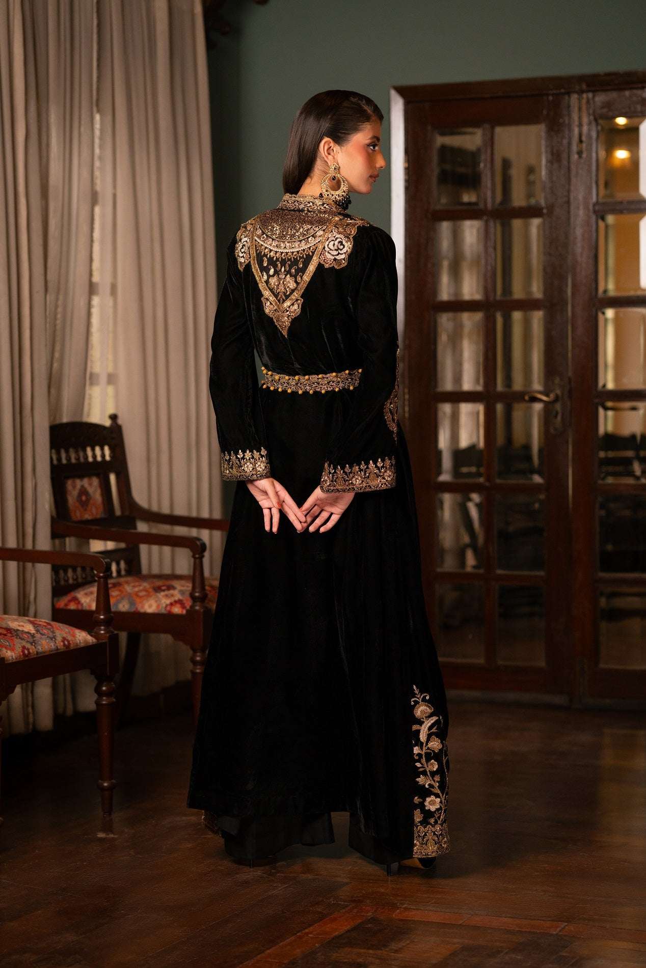 NF-6366 Black Valvet Stitched Coat