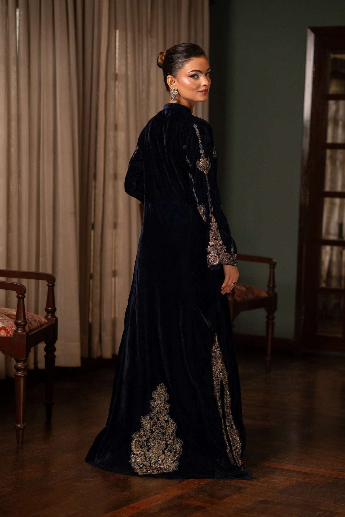 NF-6370 Navy Blue Velvet 3Pcs Stitched Dress