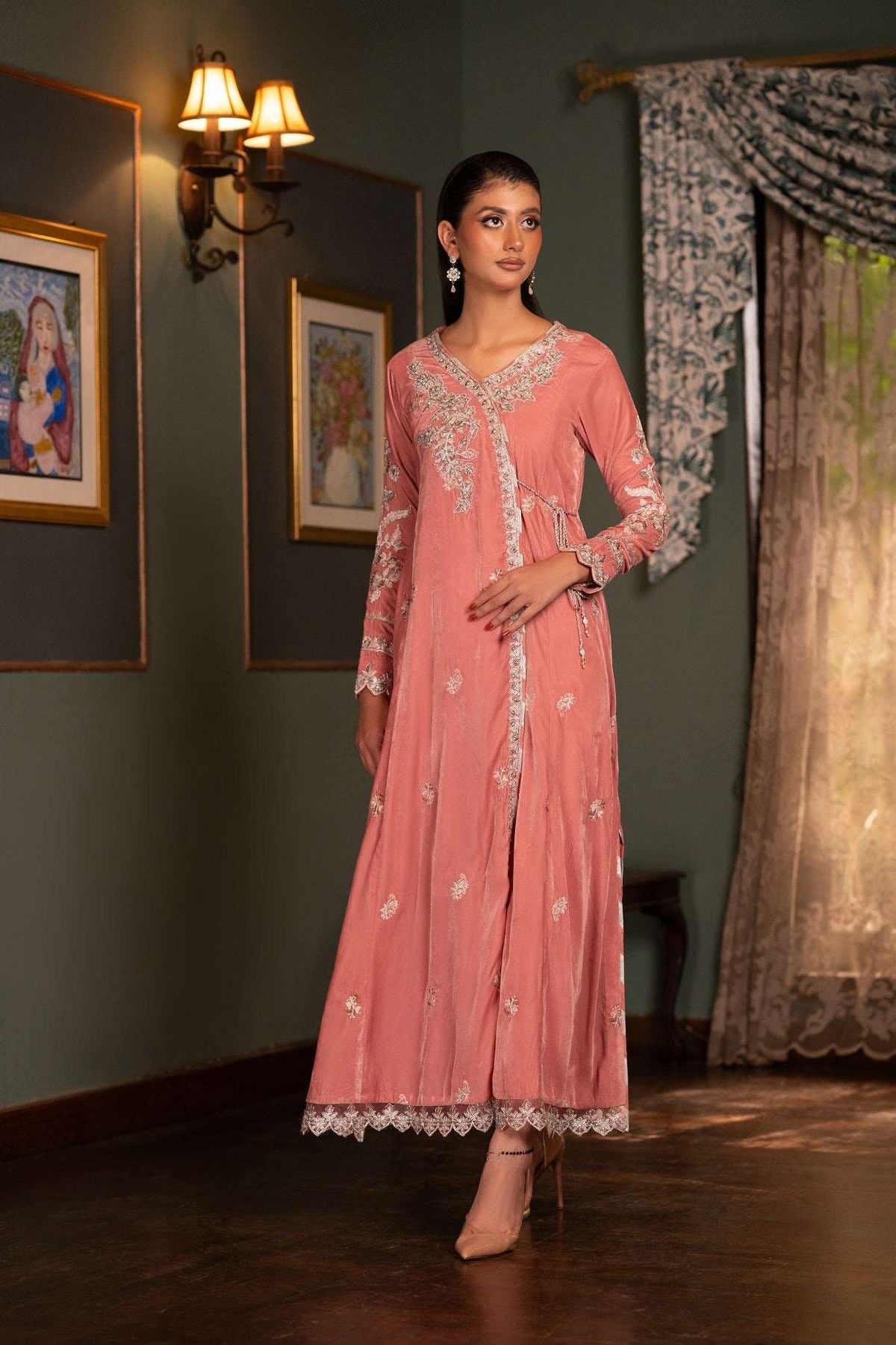 NF-5979 Pink Velvet Stitched Frock