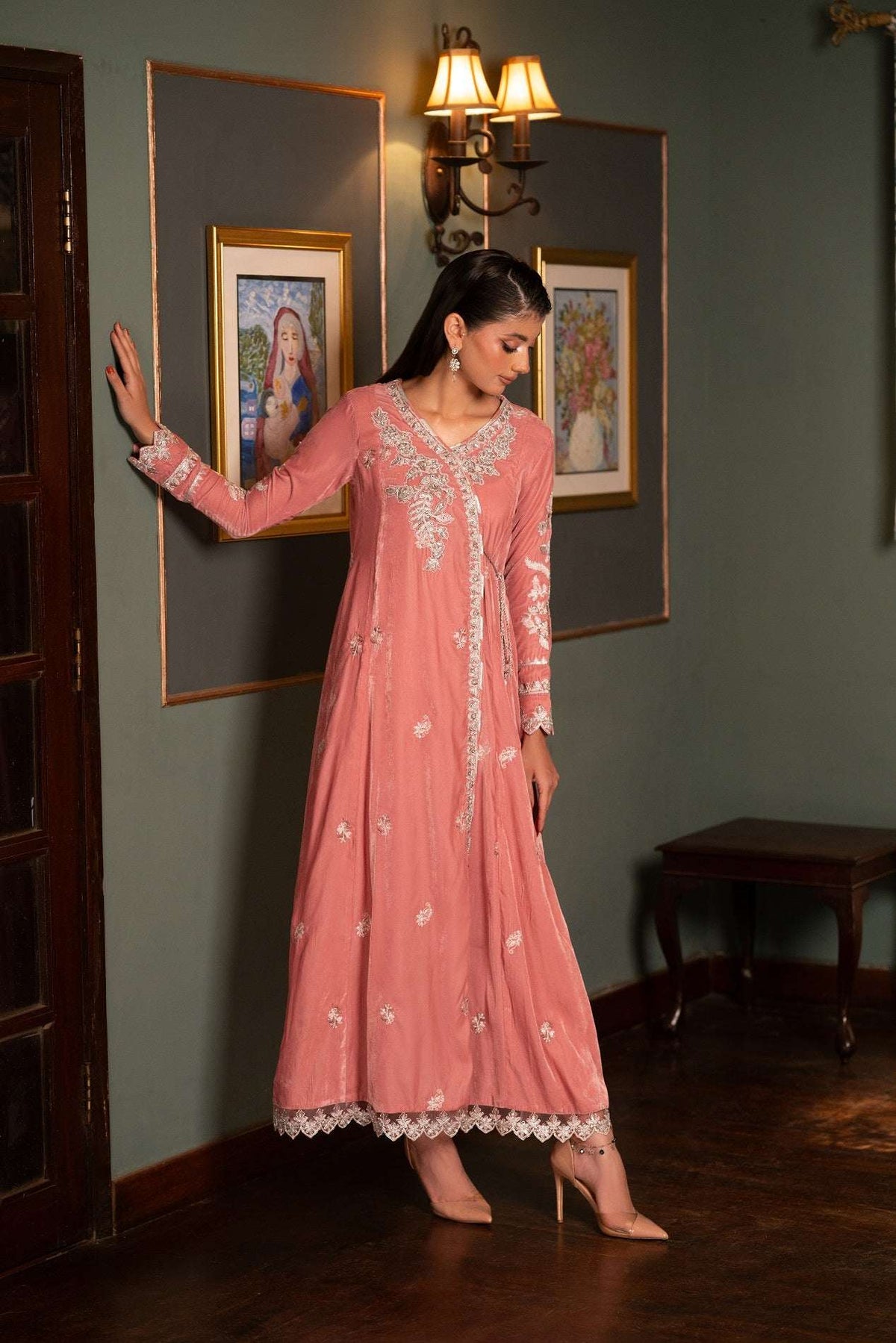 NF-5979 Pink Velvet Stitched Frock