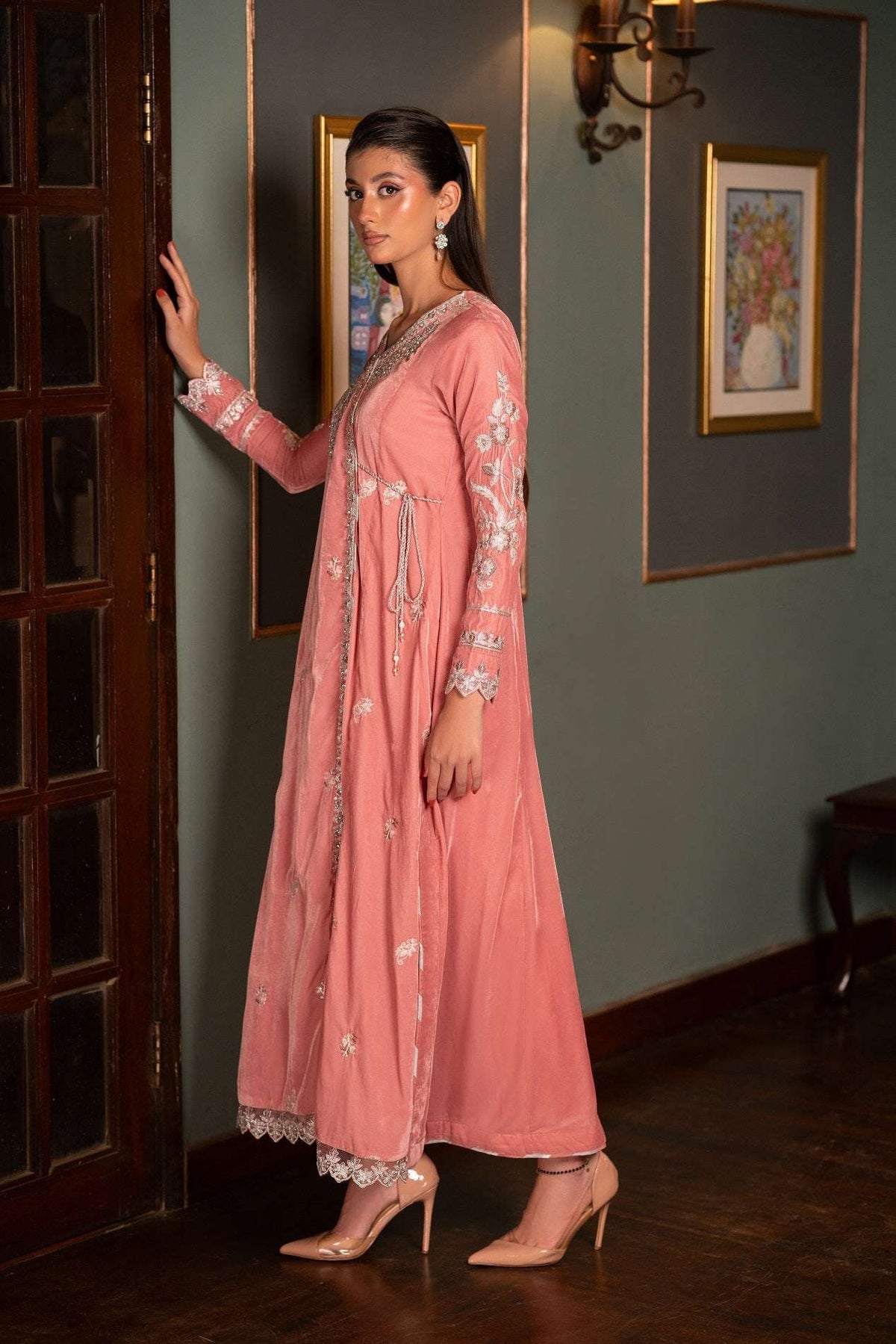 NF-5979 Pink Velvet Stitched Frock