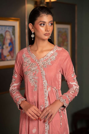 NF-5979 Pink Velvet Stitched Frock