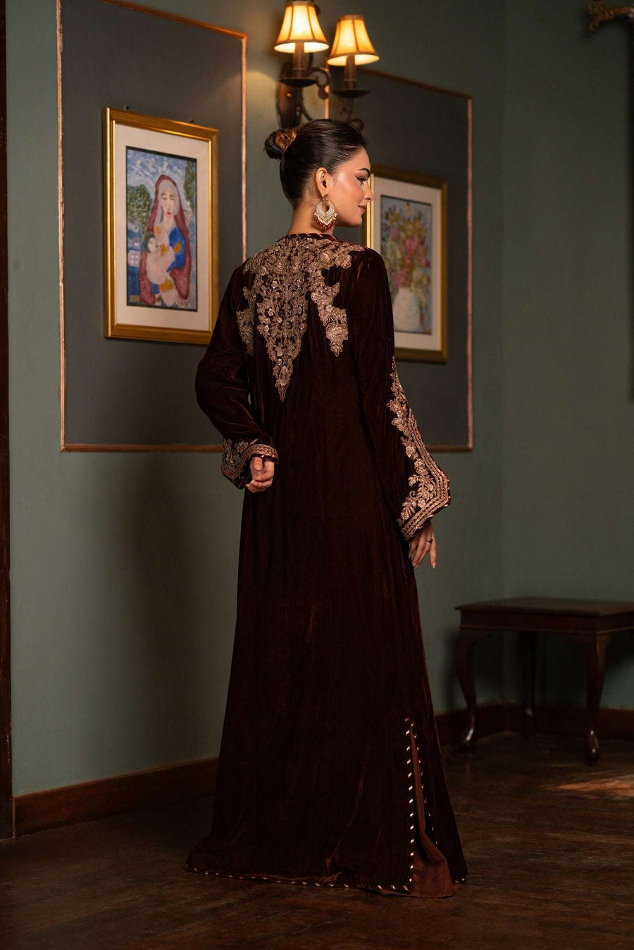 green emerald velvet dress Dark Brown Net Embroidered Frock by Nakoosh M main image 0