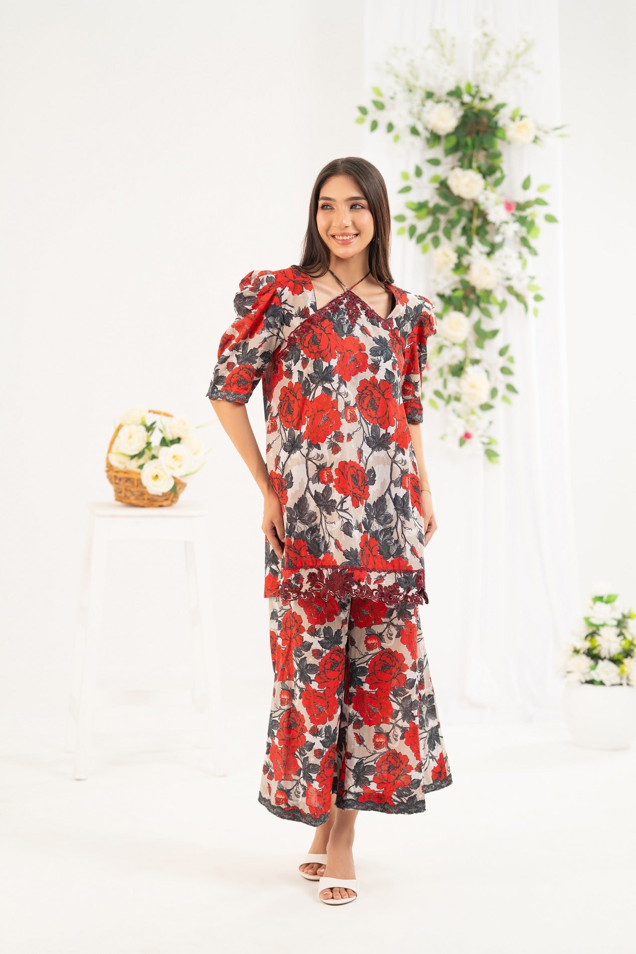 NF-6686 Maroon Grey Print 2PC Stitched Dress