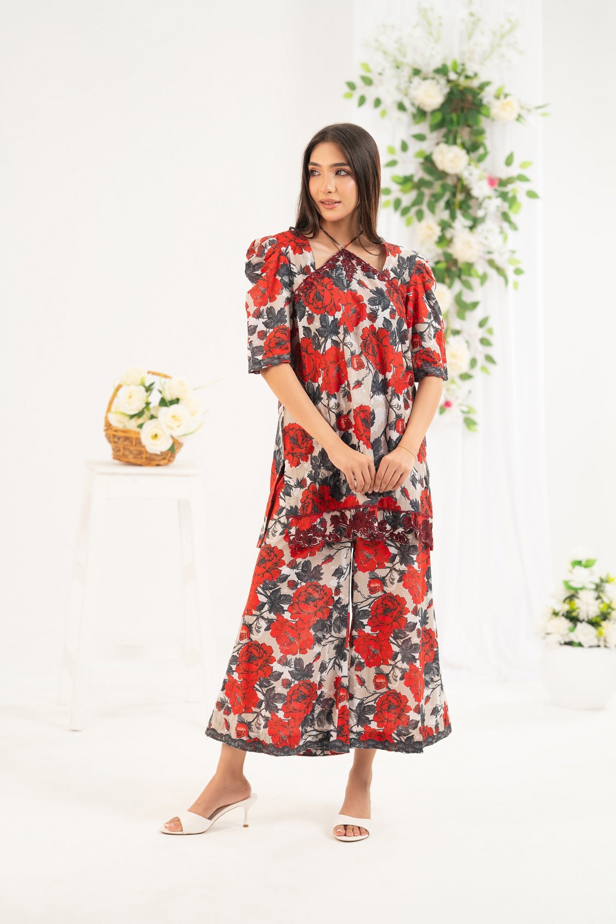NF-6686 Maroon Grey Print 2PC Stitched Dress