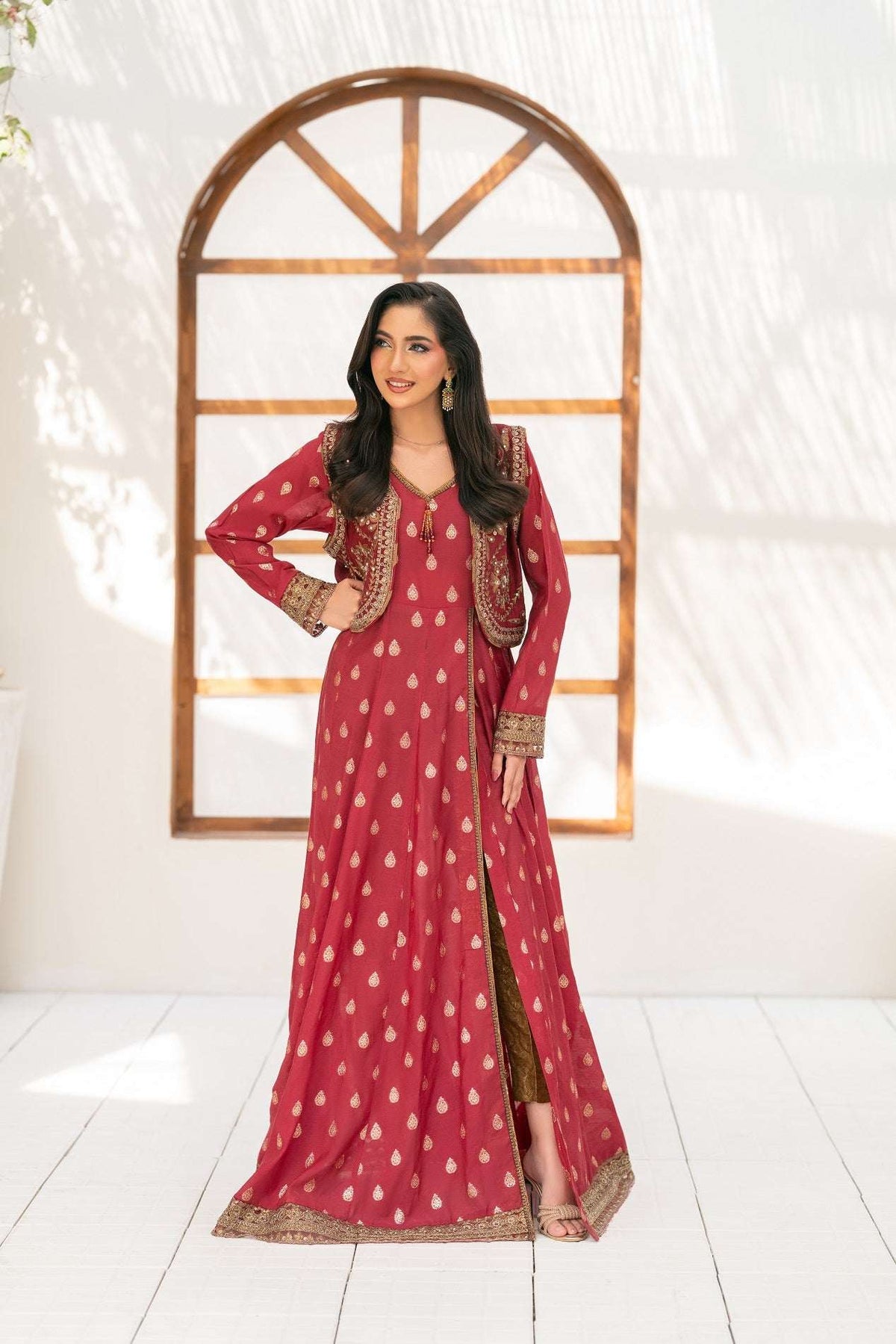 NF-6396 Maroon Jacquard Stitched Frock