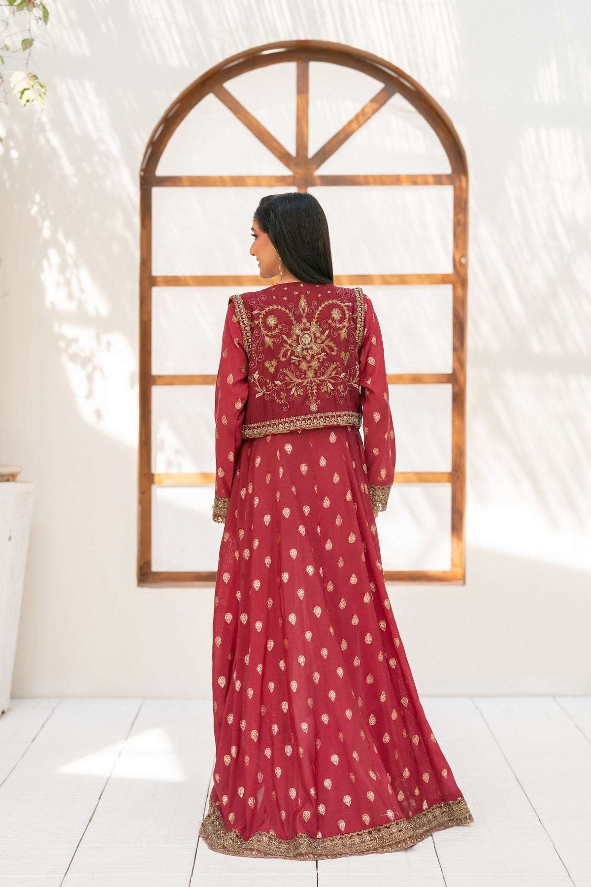 NF-6396 Maroon Jacquard Stitched Frock