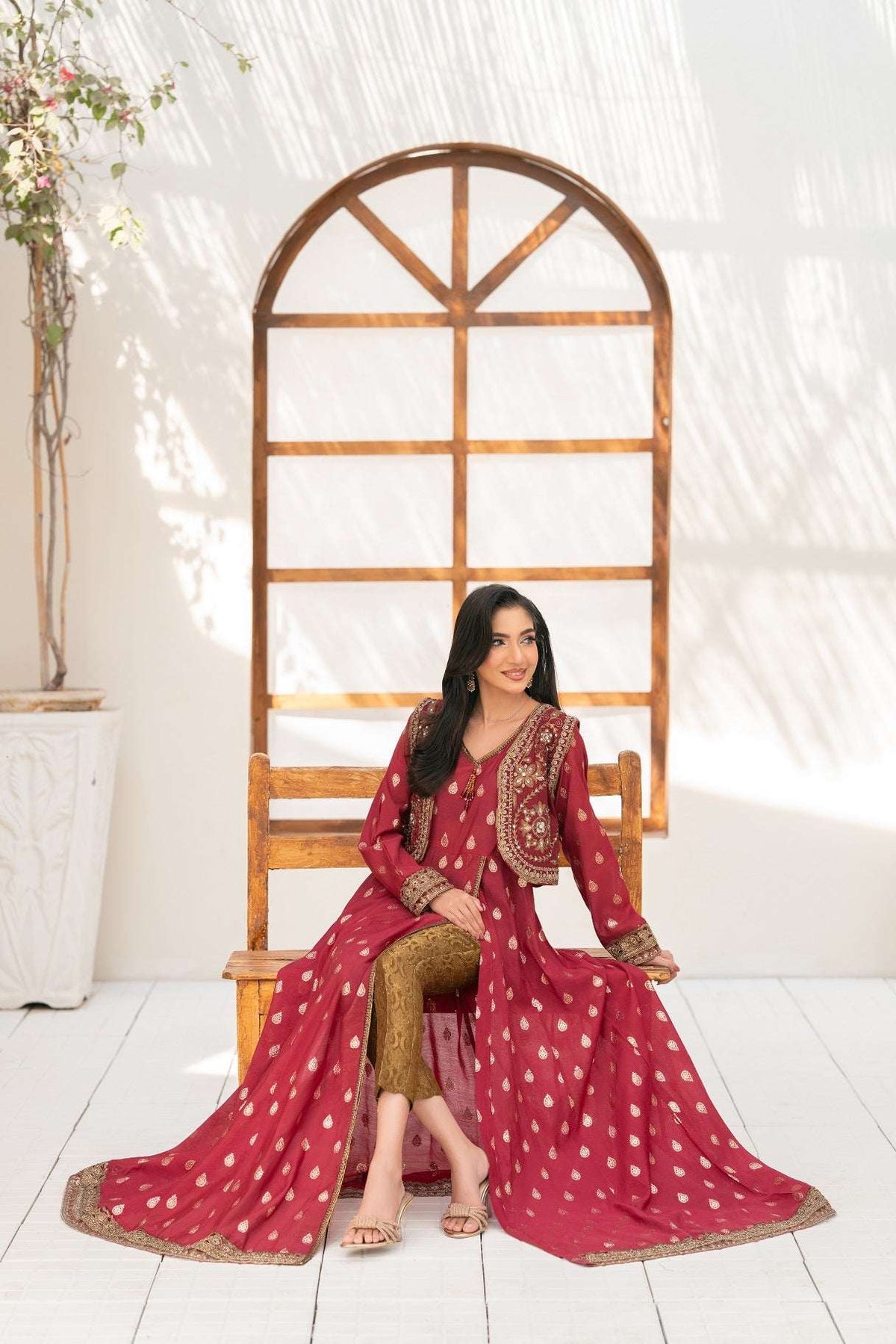 NF-6396 Maroon Jacquard Stitched Frock