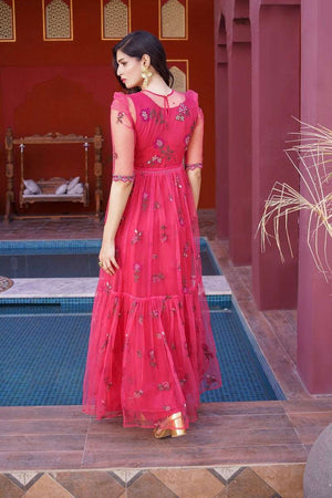 NF-6602 Pink Floral Net Stitched Dress