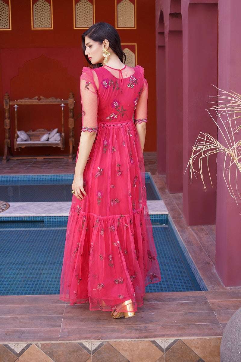 NF-6602 Pink Floral Net Stitched Dress