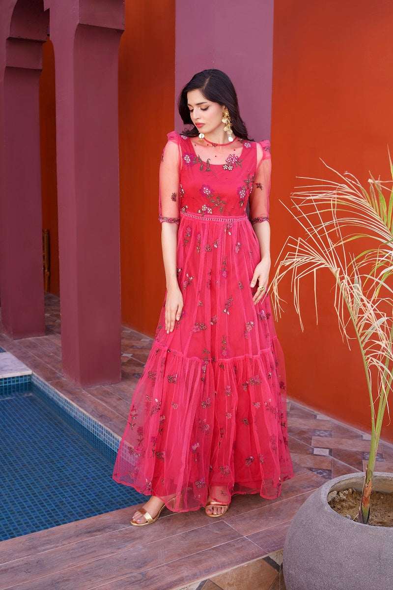 NF-6602 Pink Floral Net Stitched Dress