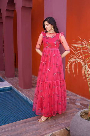 NF-6602 Pink Floral Net Stitched Dress