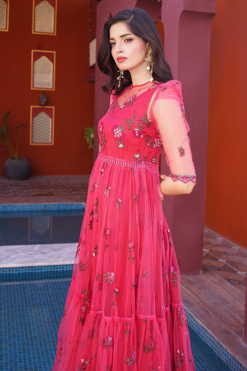 NF-6602 Pink Floral Net Stitched Dress
