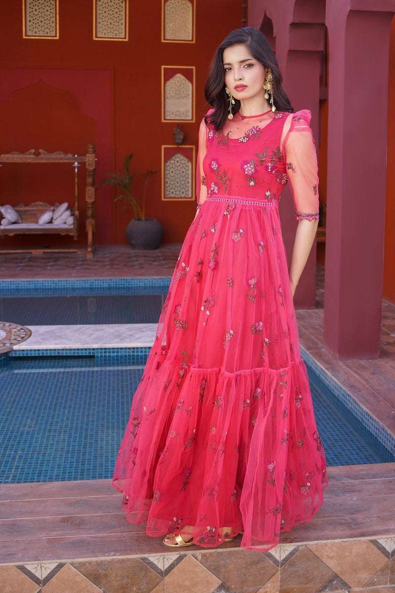 NF-6602 Pink Floral Net Stitched Dress