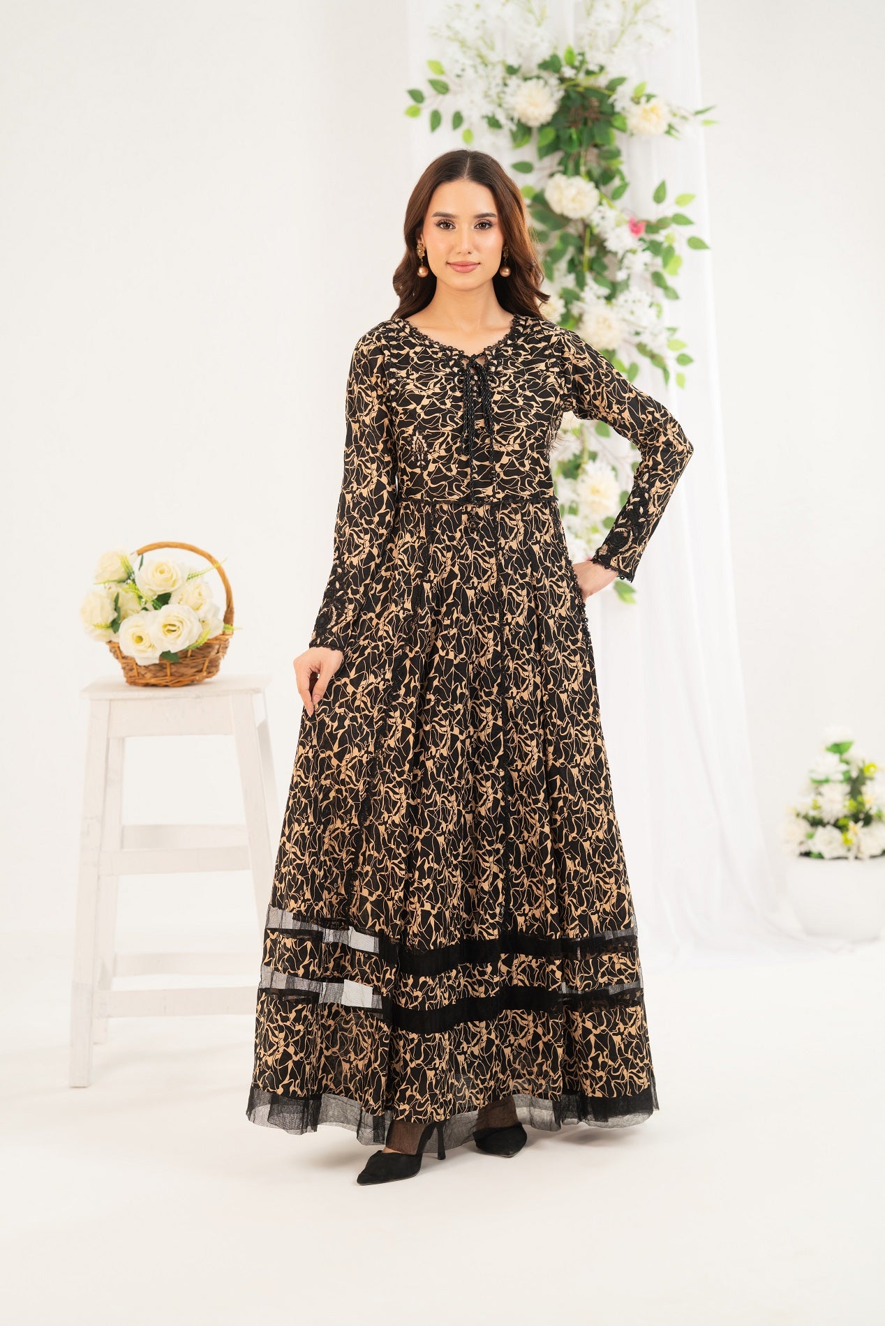 NF-6747 Beige Black Printed Frock