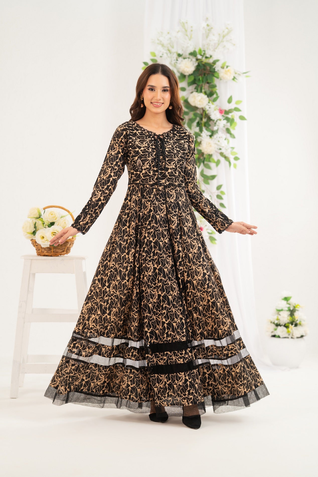 NF-6747 Beige Black Printed Frock