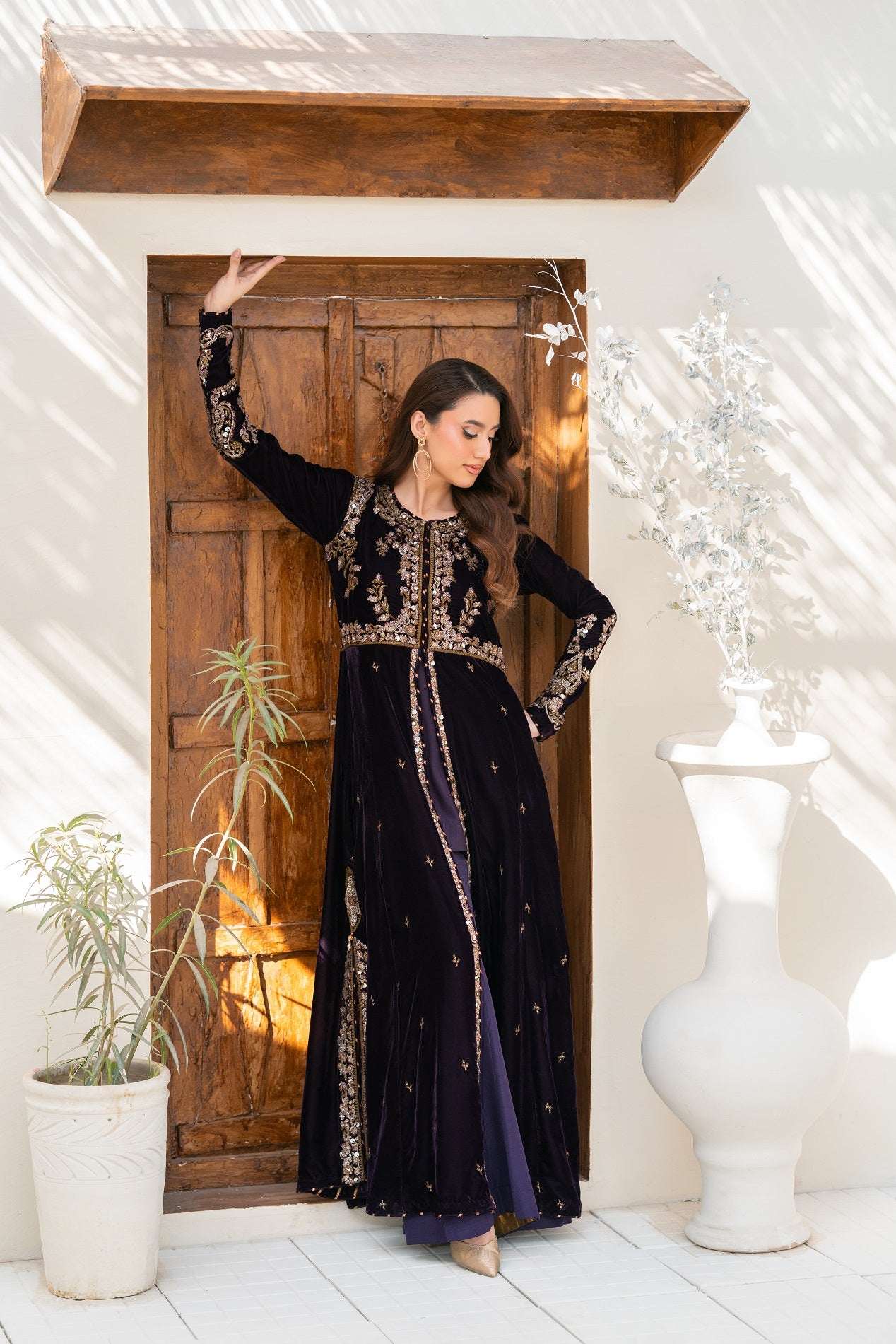 NF-6558 Purple Velvet Stitched Dress