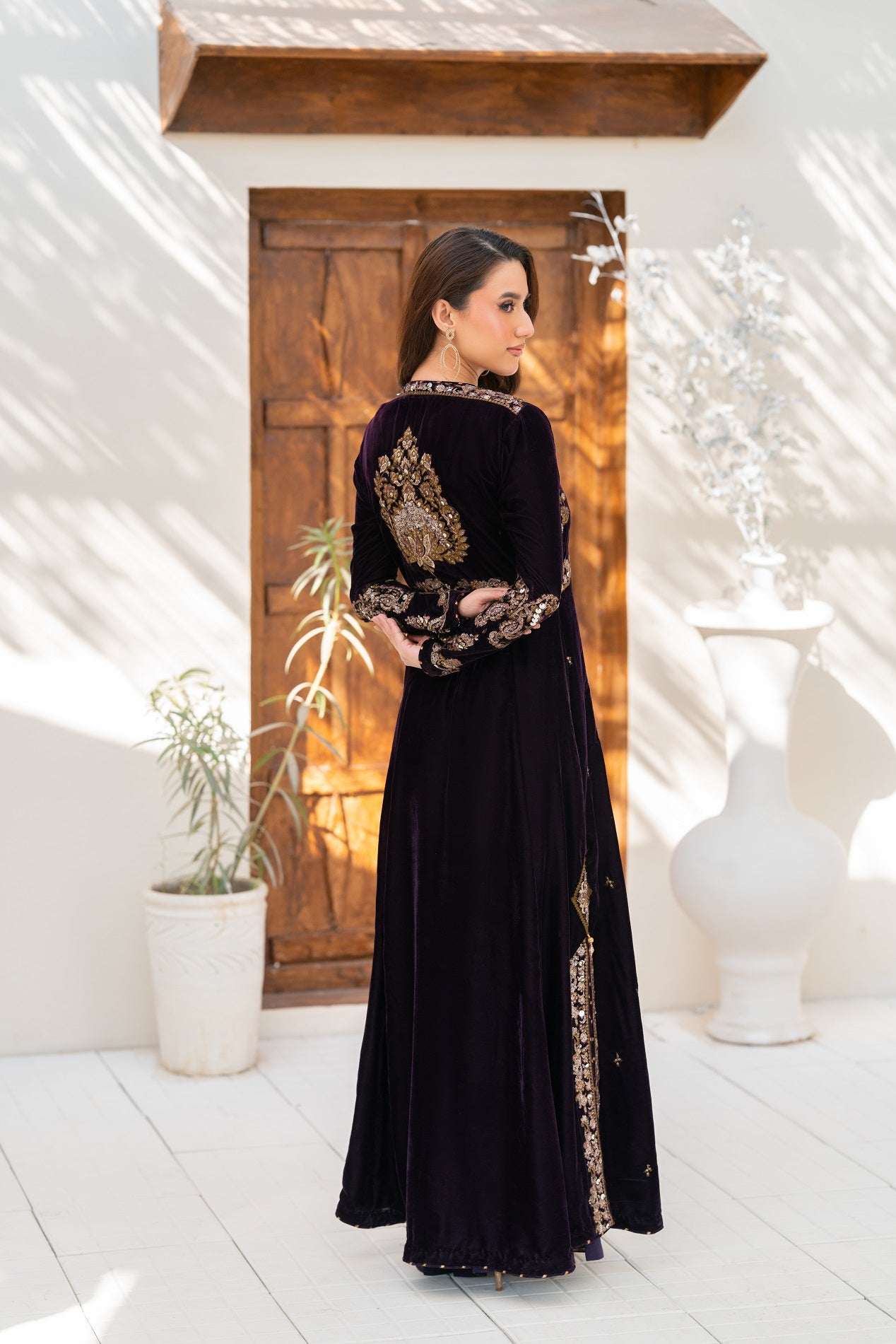 NF-6558 Purple Velvet Stitched Dress