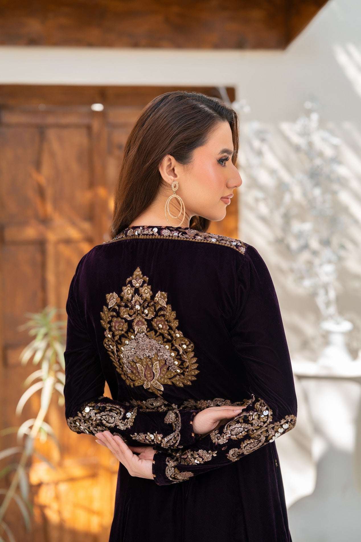 NF-6558 Purple Velvet Stitched Dress