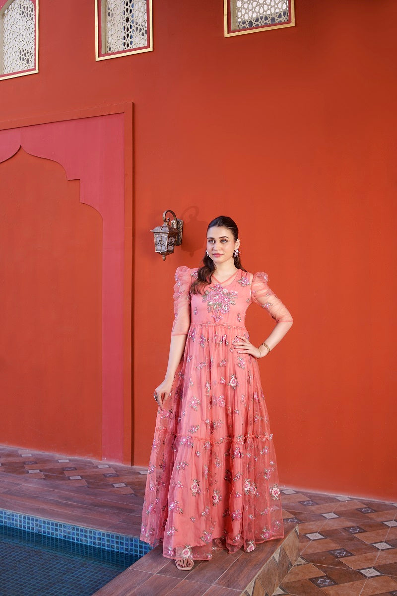 NF-5992 Pink Net Frock Stitched