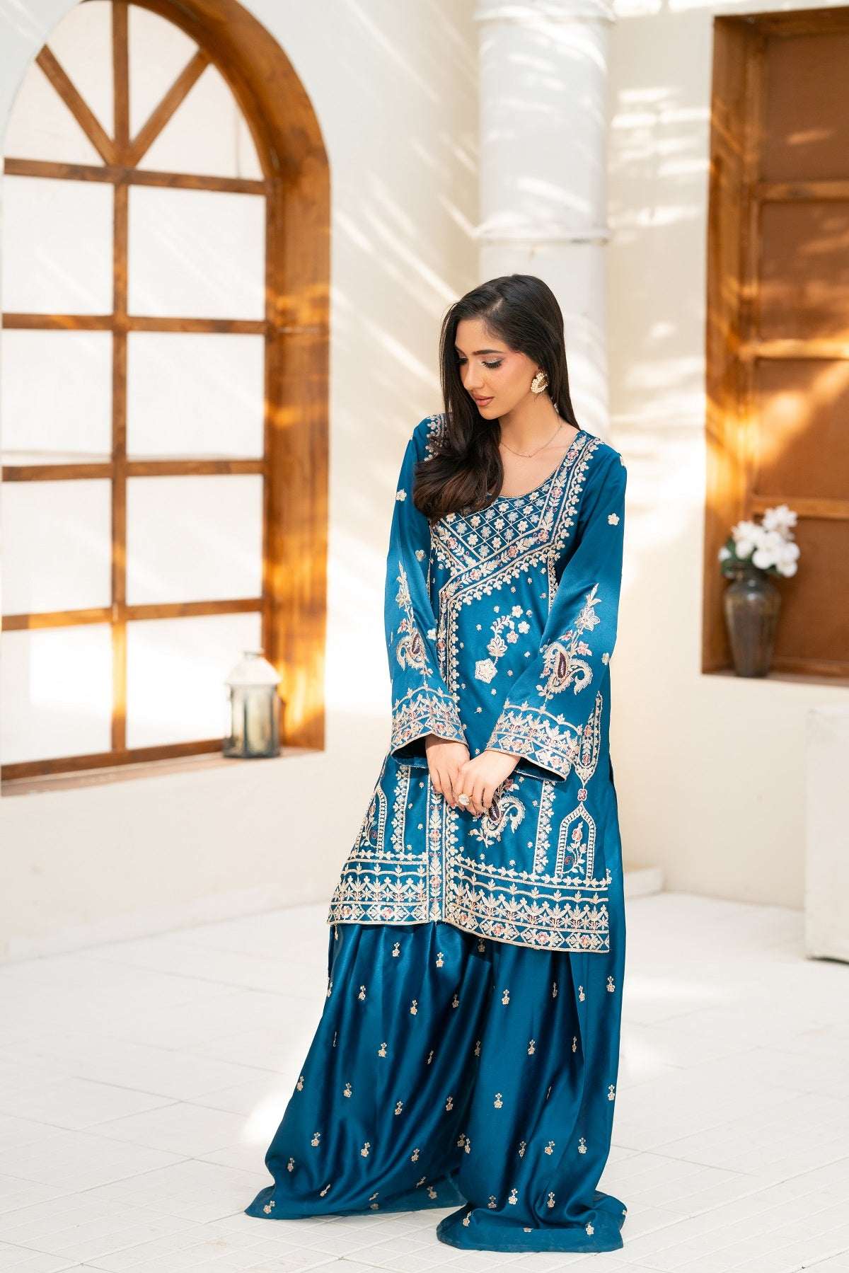 NF-6804 Electric Blue Silk 2Pc Stitched Suit